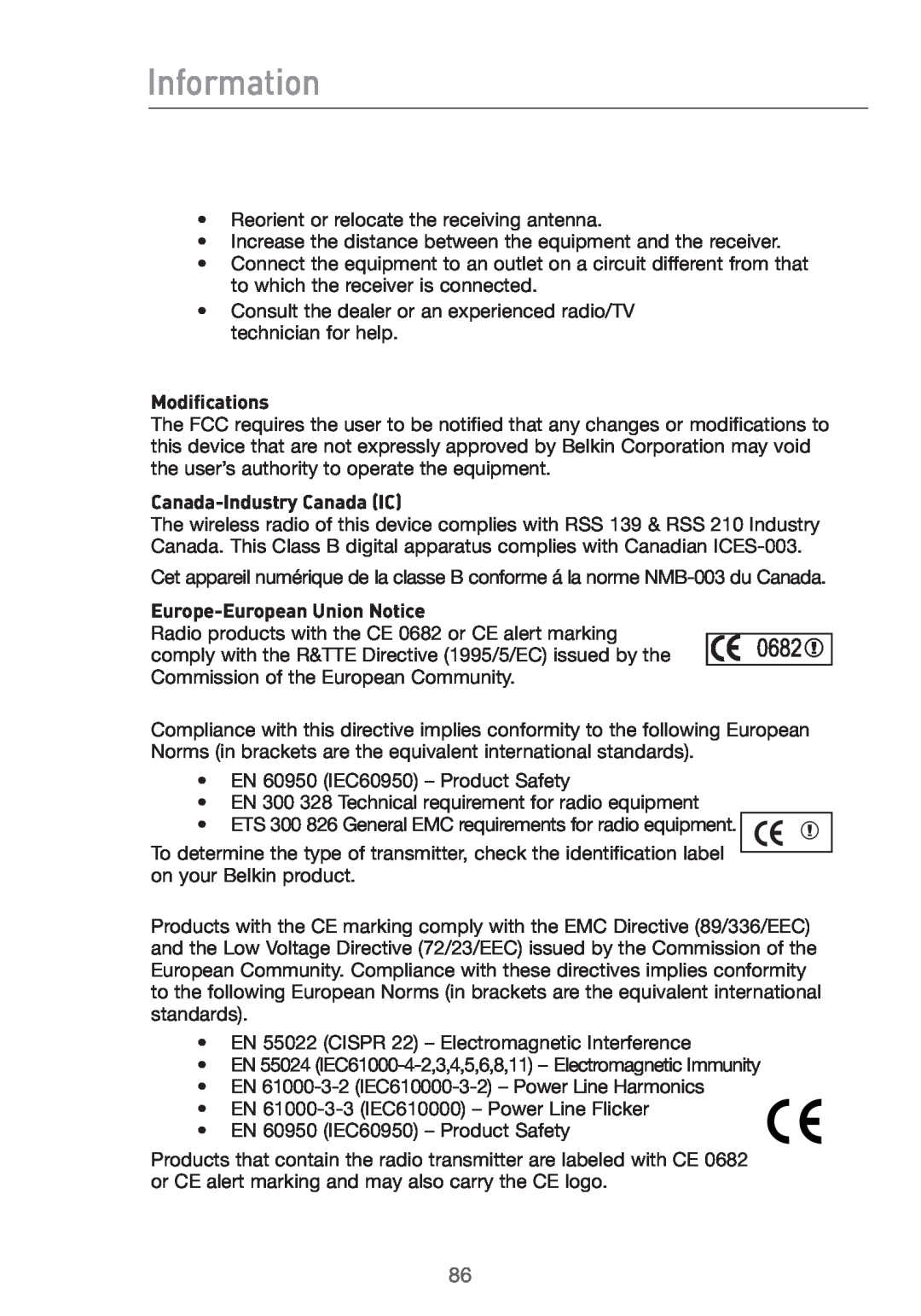Belkin F5D7632UK4 user manual Information, Modifications, Canada-Industry Canada IC, Europe-European Union Notice 