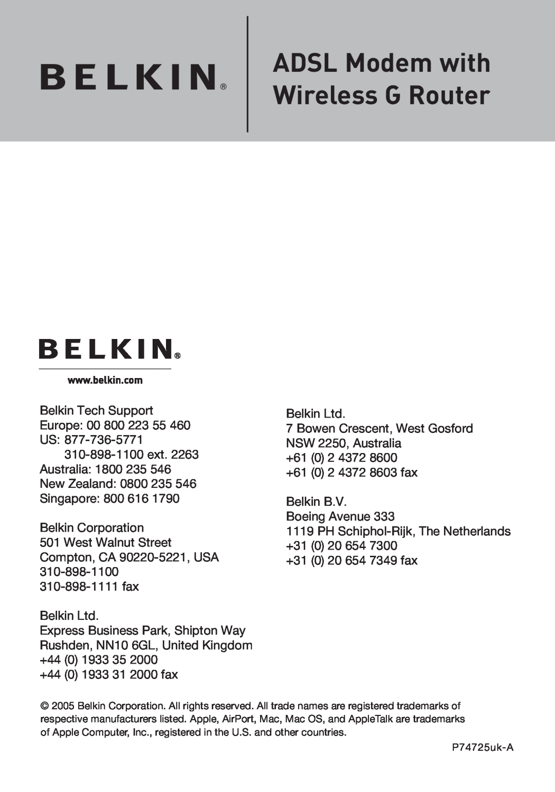 Belkin F5D7632UK4 user manual ADSL Modem with Wireless G Router 
