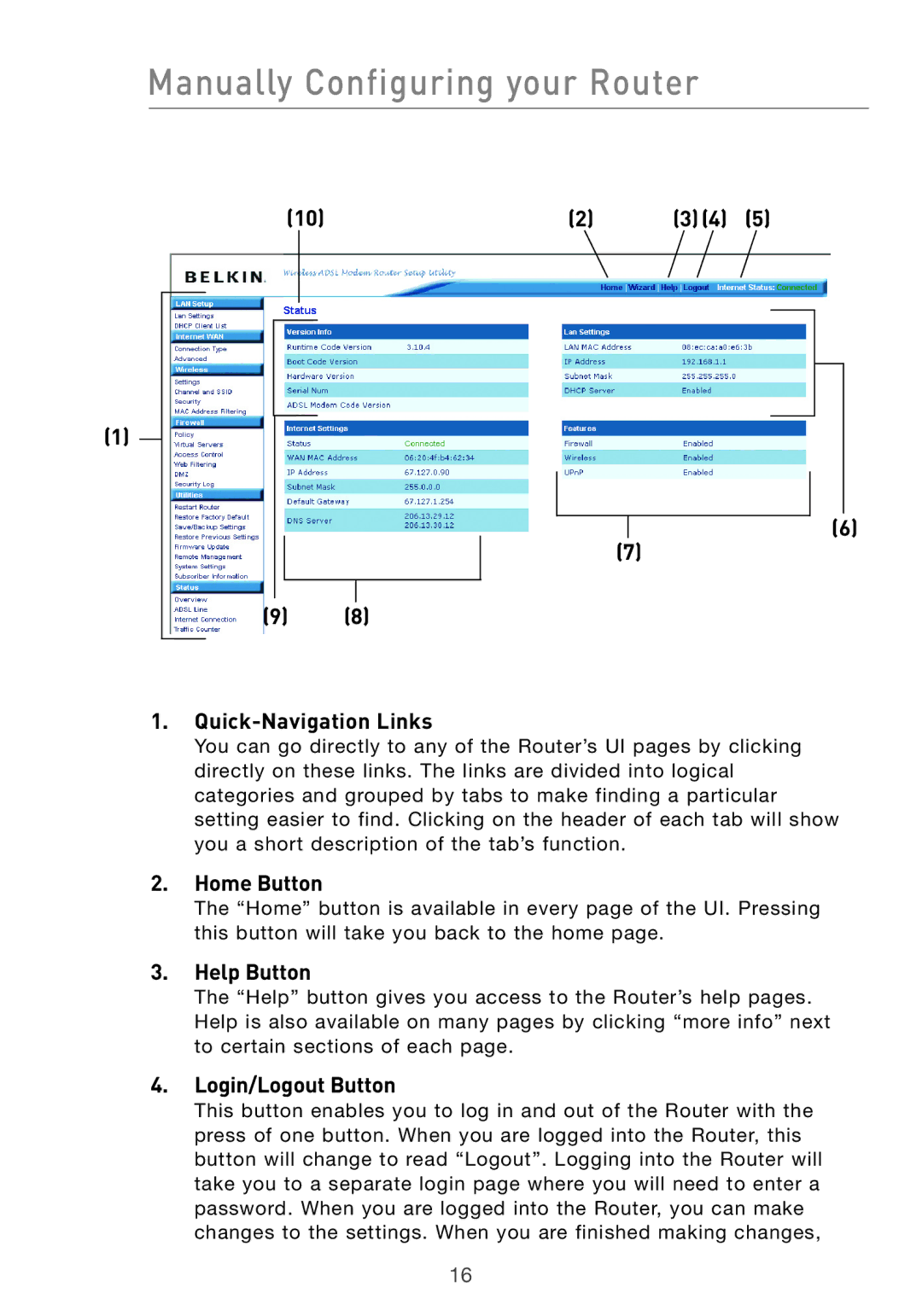 Belkin F5D7632UK4 user manual Quick-Navigation Links, Home Button, Help Button, Login/Logout Button 