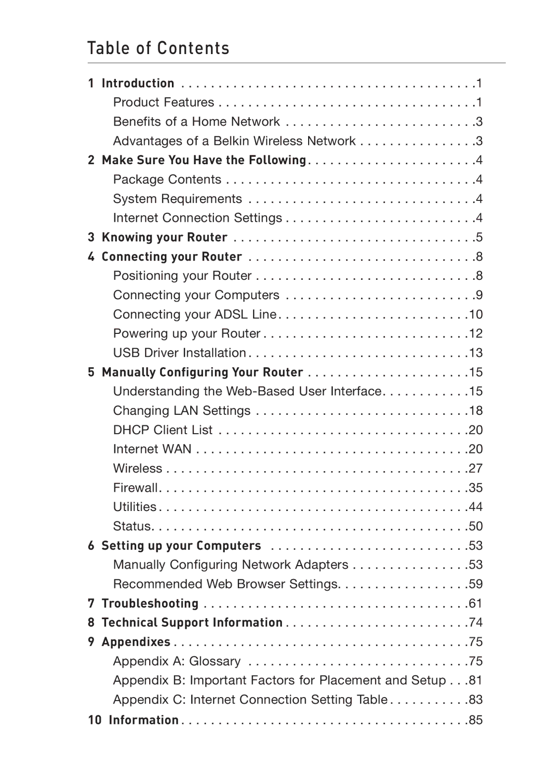 Belkin F5D7632UK4 user manual Table of Contents 