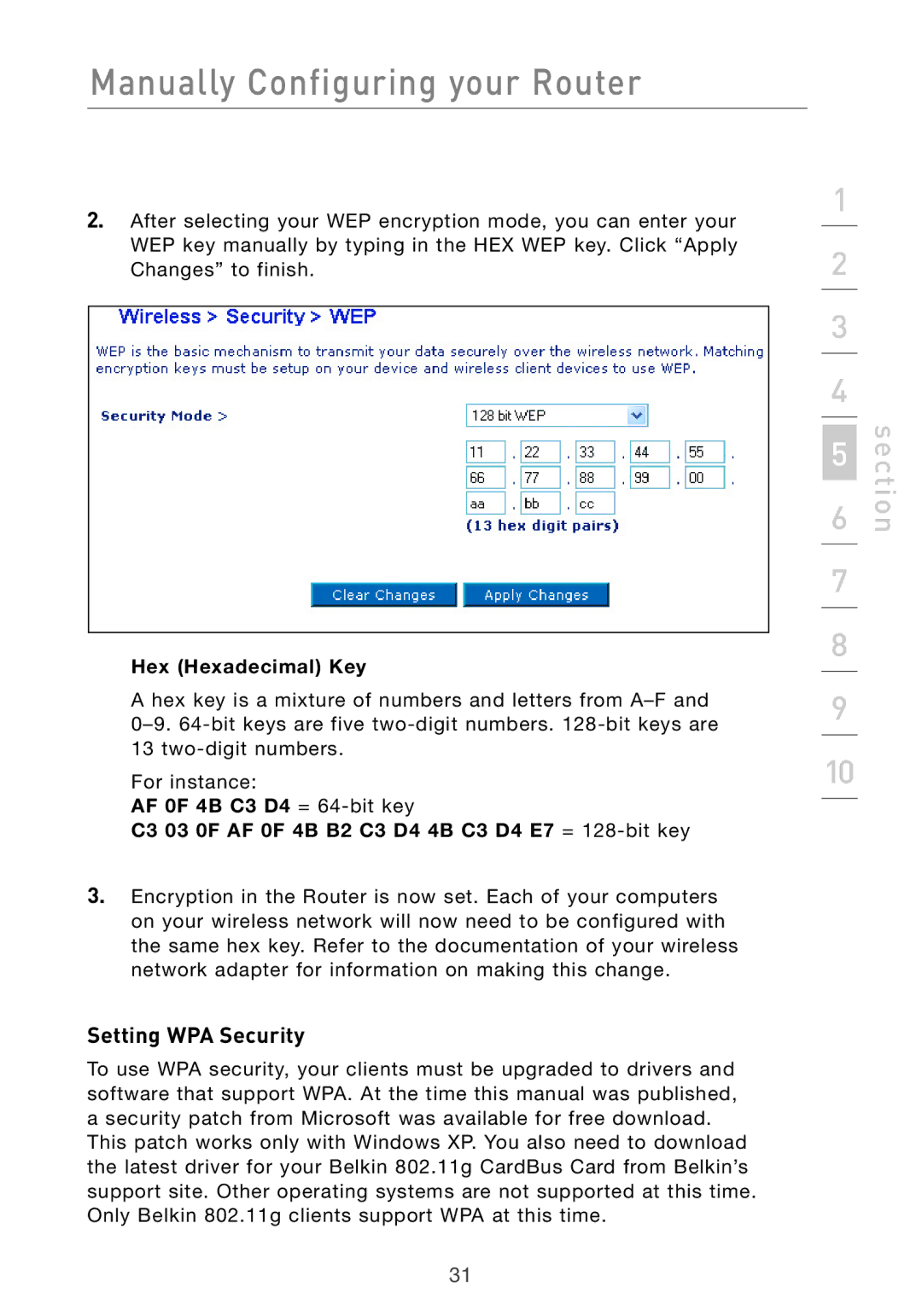 Belkin F5D7632UK4 user manual Setting WPA Security, Hex Hexadecimal Key 