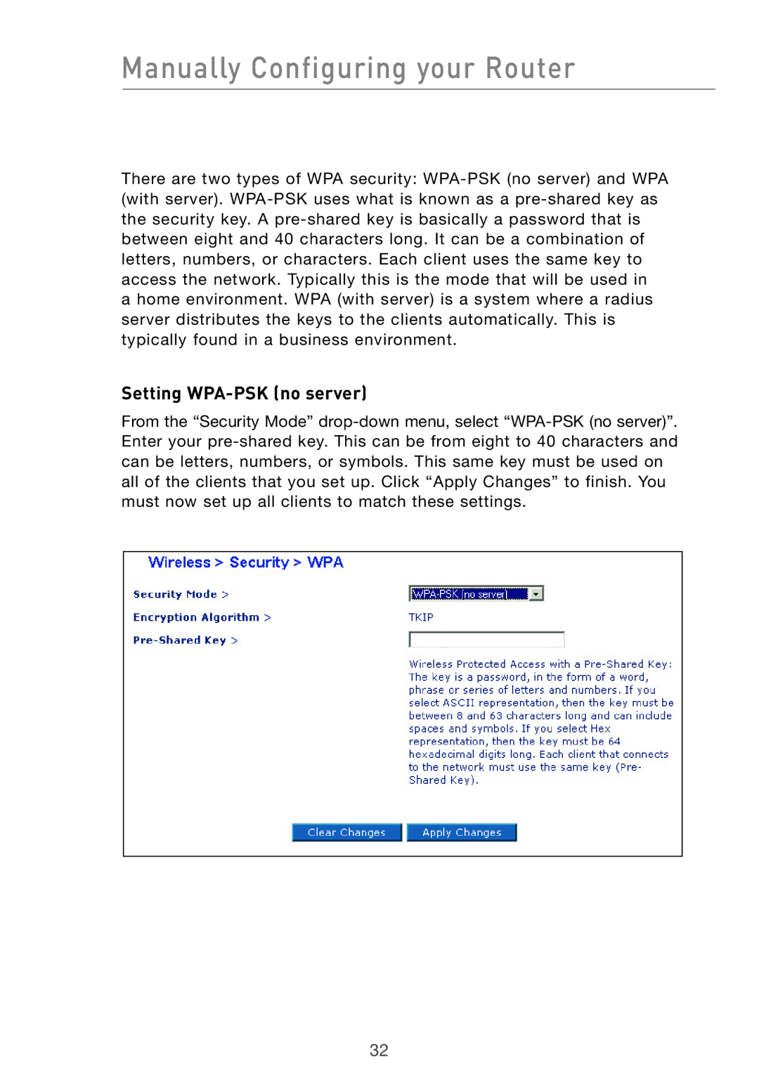 Belkin F5D7632UK4 user manual Setting WPA-PSK no server 