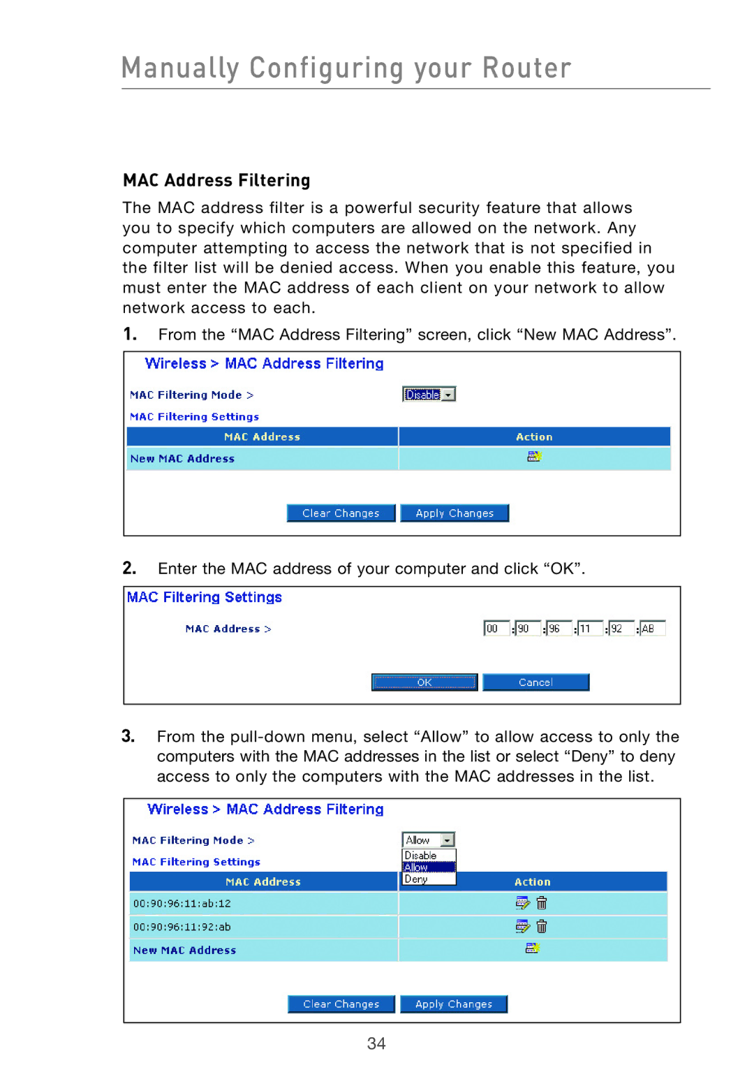 Belkin F5D7632UK4 user manual MAC Address Filtering 