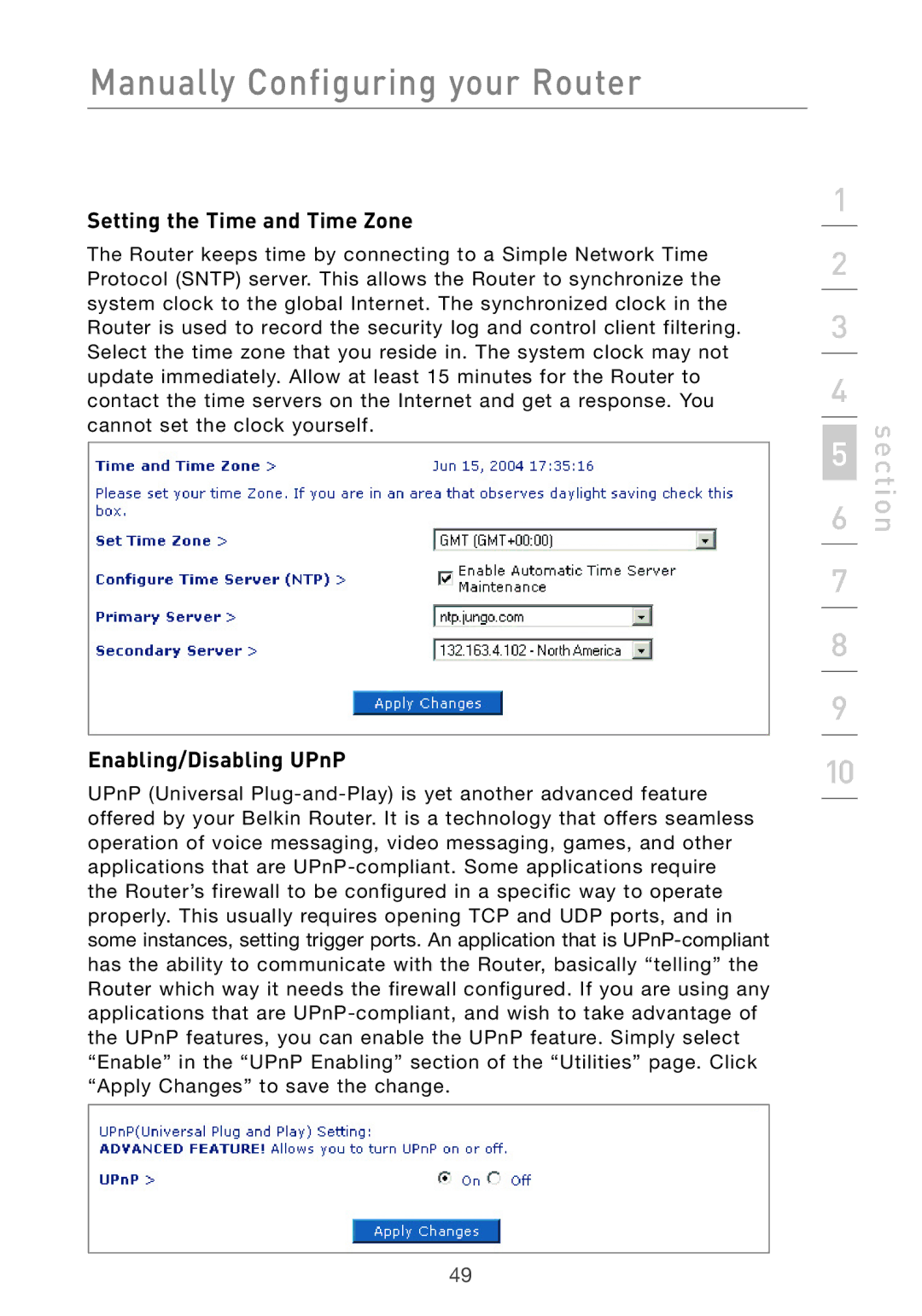 Belkin F5D7632UK4 user manual Setting the Time and Time Zone, Enabling/Disabling UPnP 