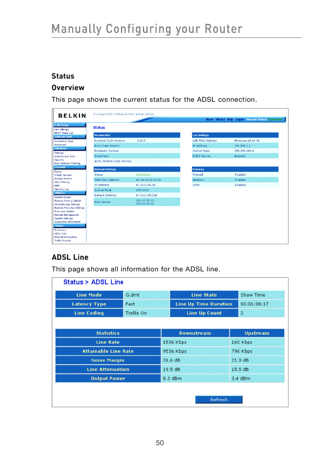 Belkin F5D7632UK4 user manual Status Overview, Adsl Line 