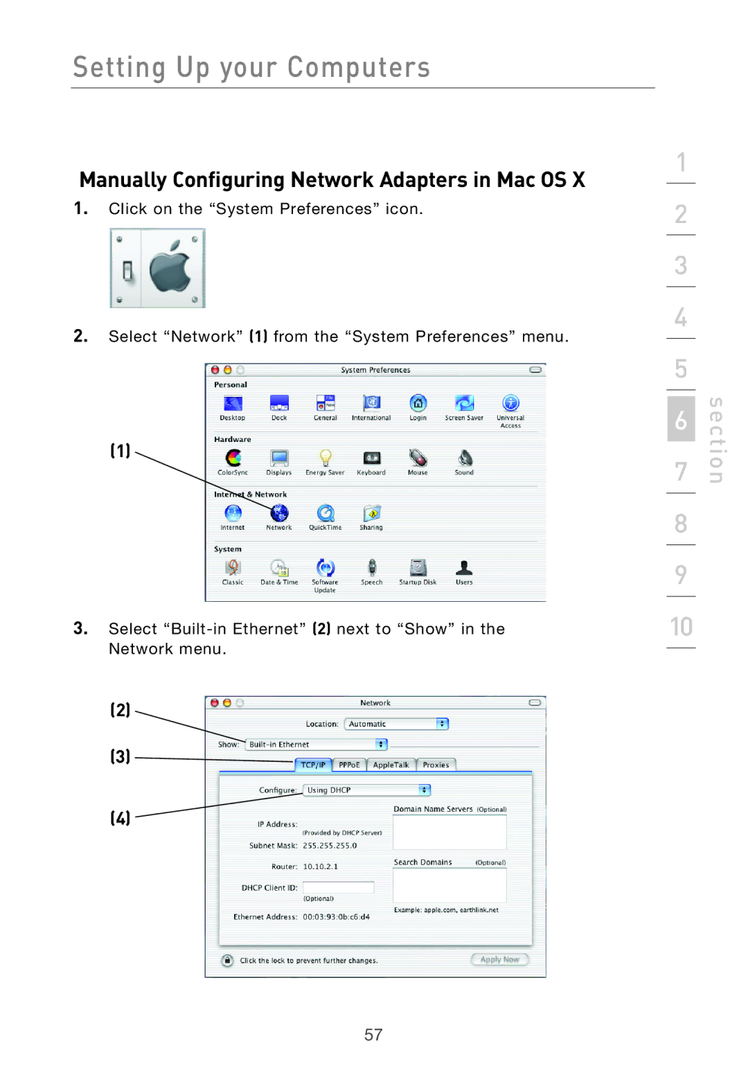 Belkin F5D7632UK4 user manual Manually Configuring Network Adapters in Mac OS 