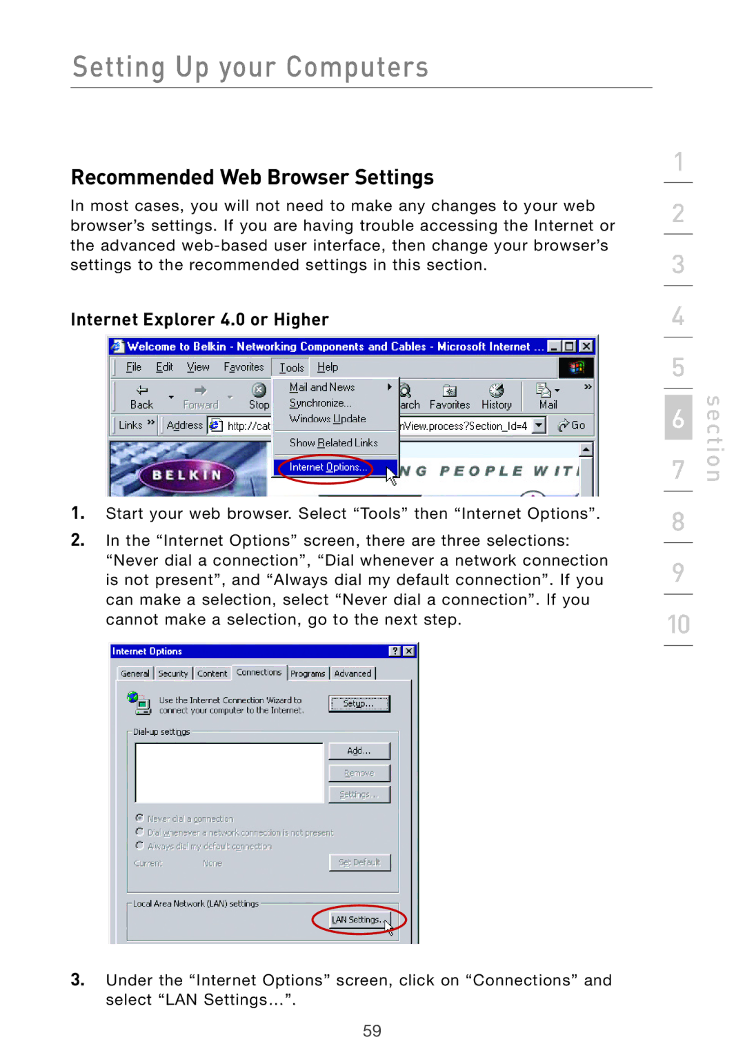 Belkin F5D7632UK4 user manual Recommended Web Browser Settings, Internet Explorer 4.0 or Higher 