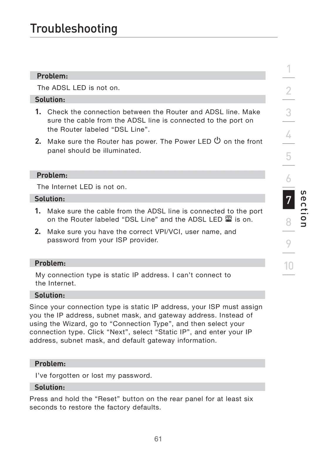 Belkin F5D7632UK4 user manual Troubleshooting, Problem, Solution 