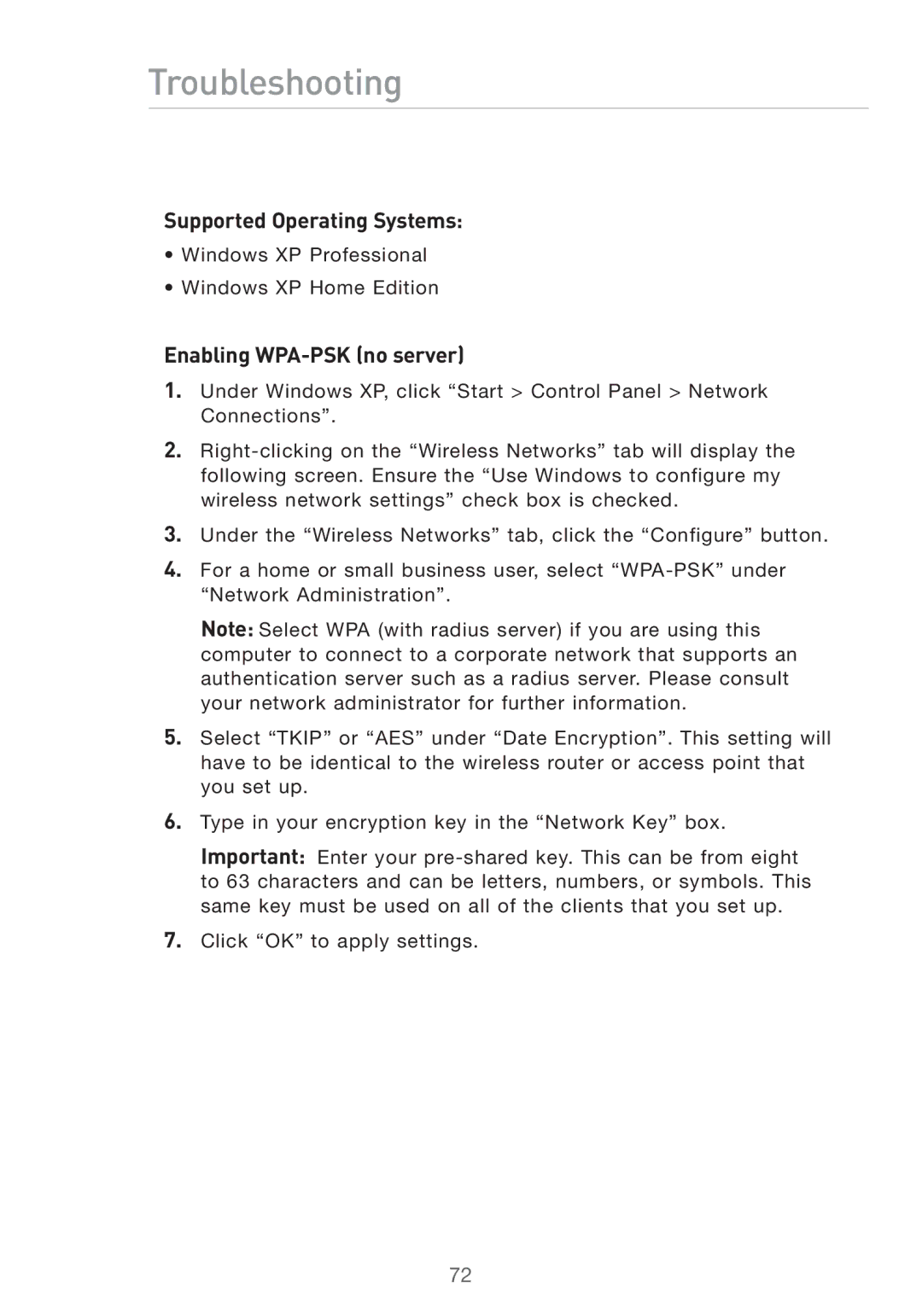 Belkin F5D7632UK4 user manual Supported Operating Systems, Enabling WPA-PSK no server 