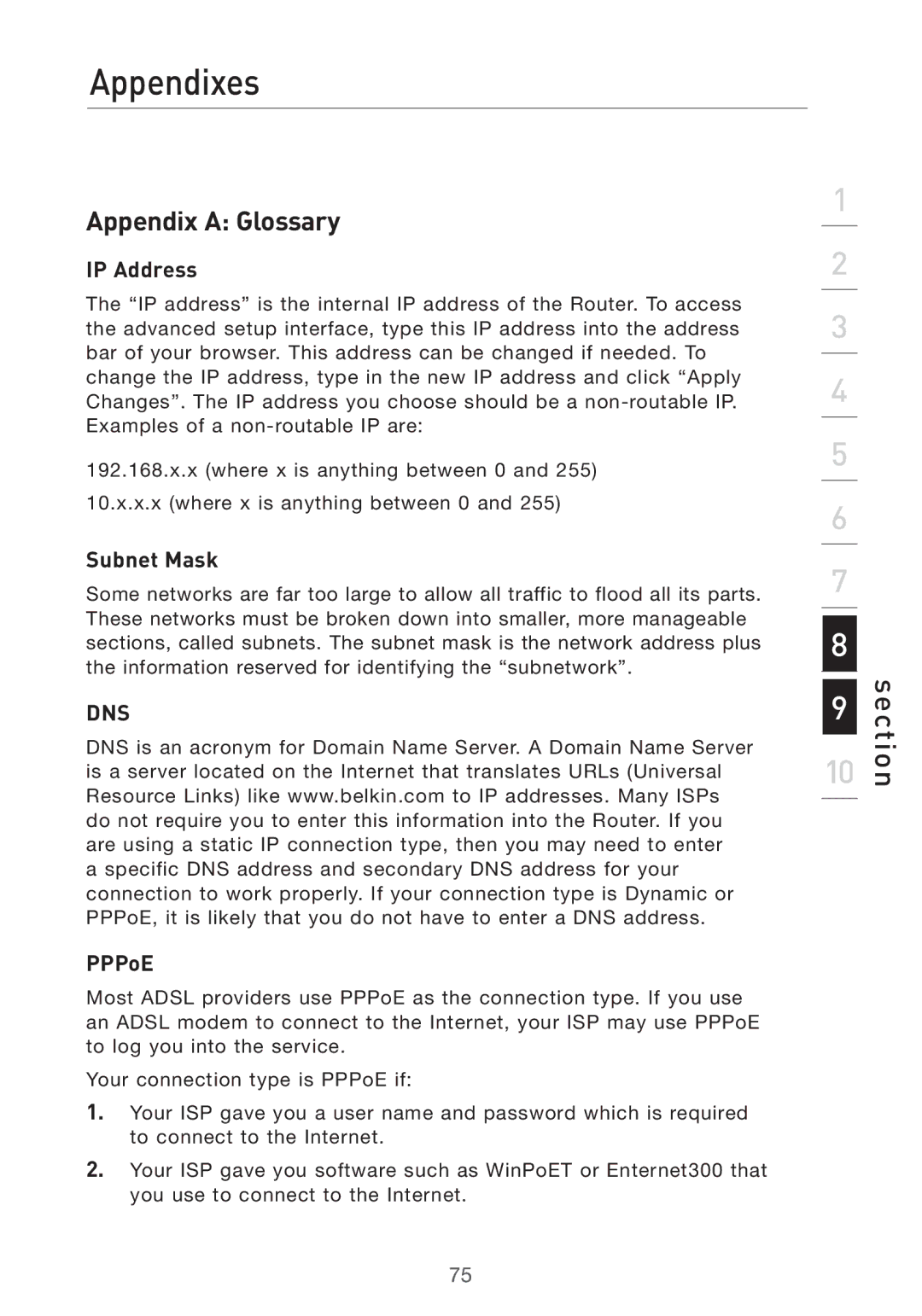 Belkin F5D7632UK4 user manual Appendixes, Appendix a Glossary, PPPoE 