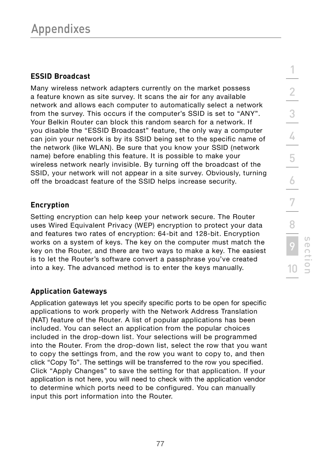 Belkin F5D7632UK4 user manual Essid Broadcast, Encryption, Application Gateways 