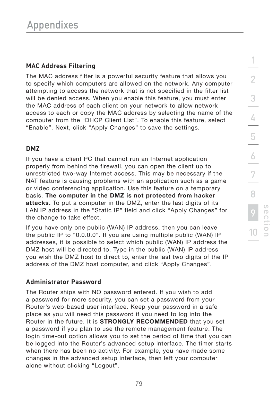 Belkin F5D7632UK4 user manual Dmz, Administrator Password 