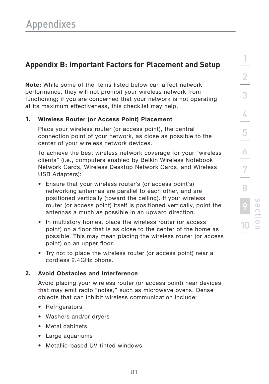 Belkin F5D7632UK4 Appendix B Important Factors for Placement and Setup, Wireless Router or Access Point Placement 