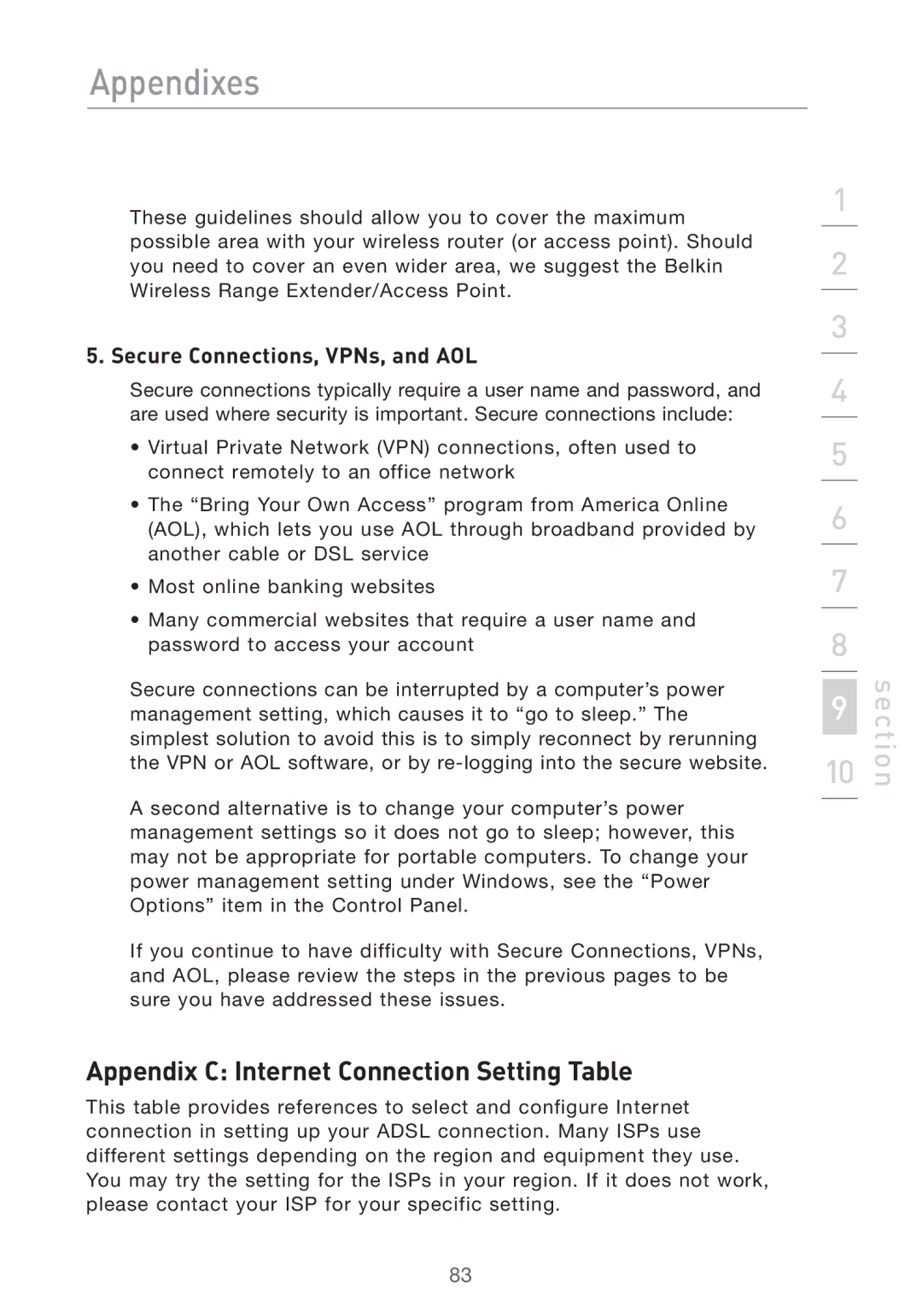 Belkin F5D7632UK4 user manual Appendix C Internet Connection Setting Table, Secure Connections, VPNs, and AOL 