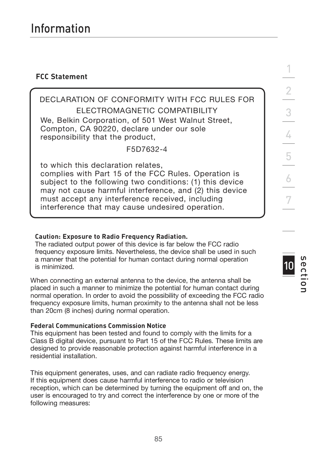 Belkin F5D7632UK4 user manual Information, FCC Statement 