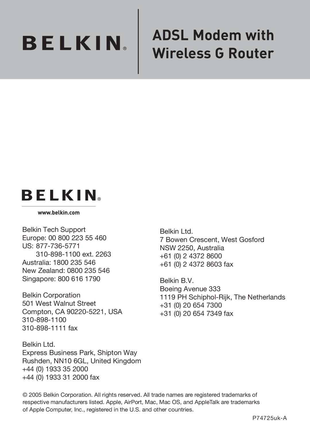 Belkin F5D7632UK4 user manual Adsl Modem with Wireless G Router 