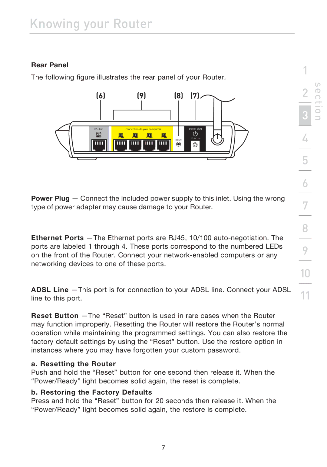 Belkin F5D7632uk4A user manual Rear Panel, Resetting the Router, Restoring the Factory Defaults 