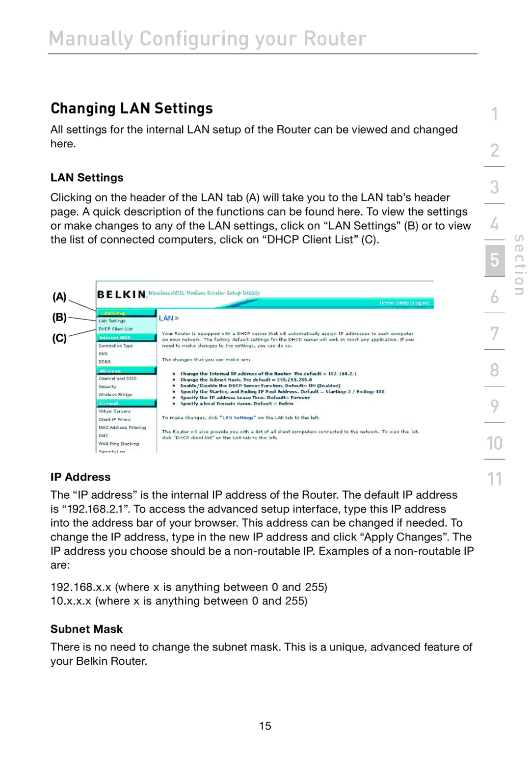 Belkin F5D7632uk4A user manual Changing LAN Settings, IP Address, Subnet Mask 