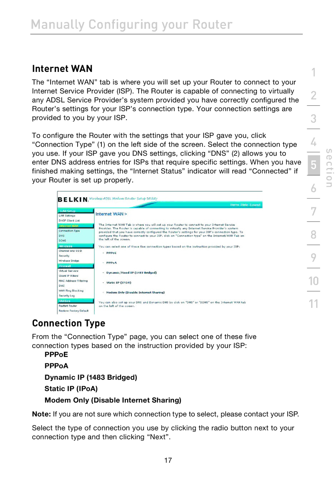 Belkin F5D7632uk4A user manual Internet WAN, Connection Type 