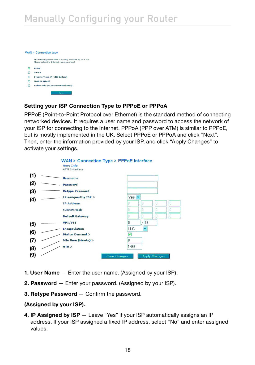 Belkin F5D7632uk4A user manual Setting your ISP Connection Type to PPPoE or PPPoA, Assigned by your ISP 