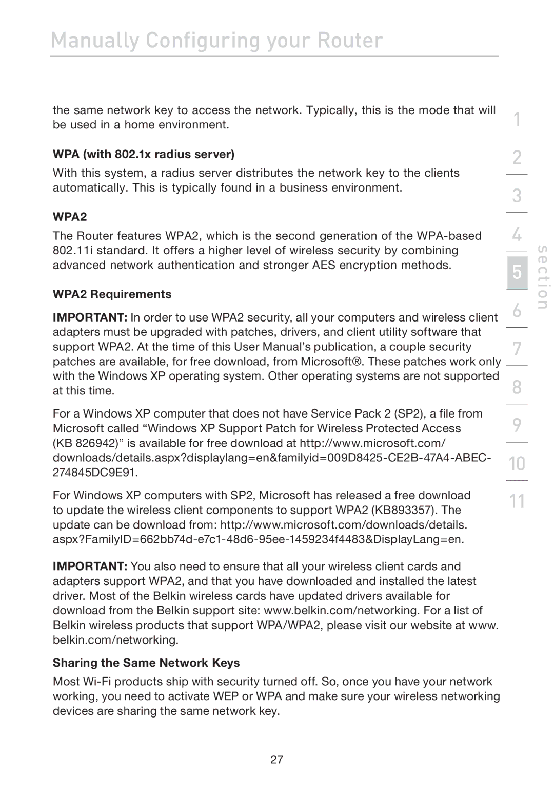 Belkin F5D7632uk4A user manual WPA with 802.1x radius server, WPA2 Requirements Sharing the Same Network Keys 