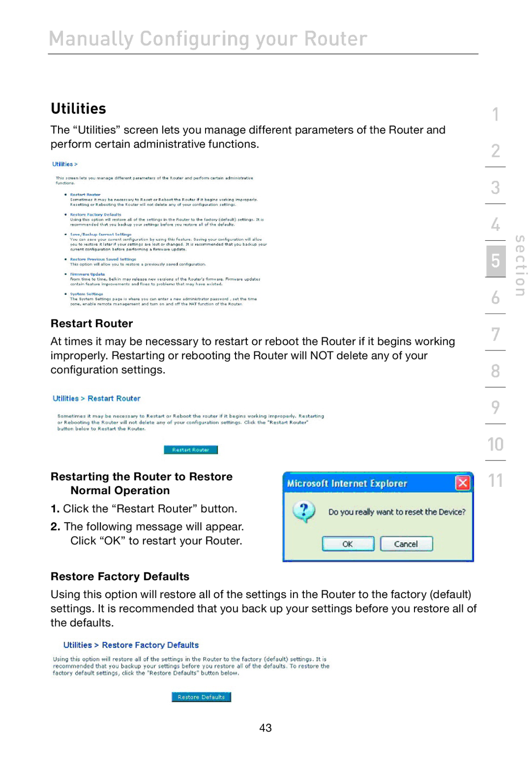 Belkin F5D7632uk4A Utilities, Restart Router, Restarting the Router to Restore Normal Operation, Restore Factory Defaults 