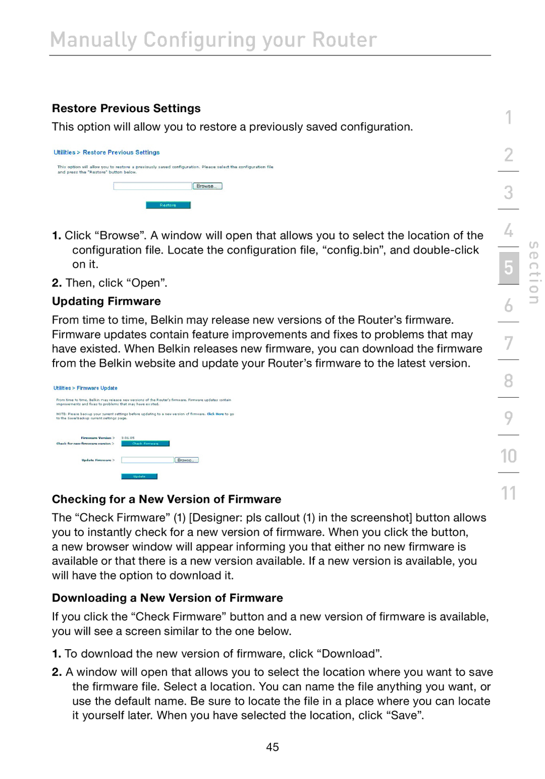 Belkin F5D7632uk4A user manual Restore Previous Settings, Updating Firmware, Checking for a New Version of Firmware 