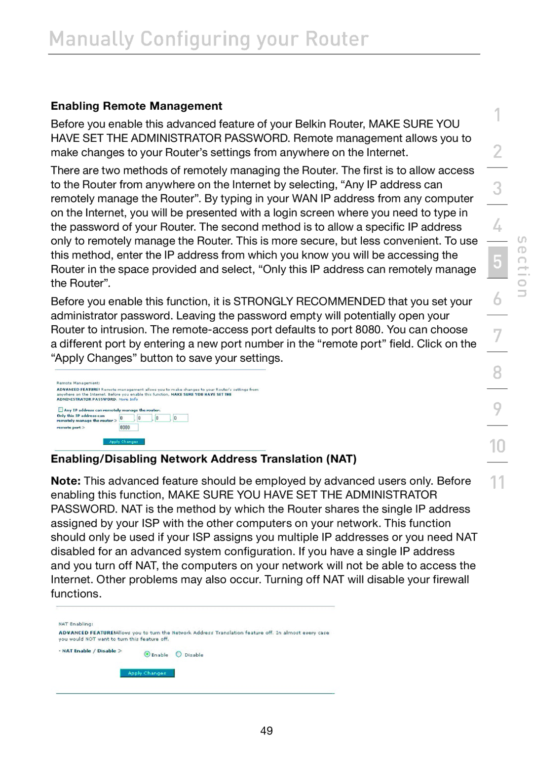 Belkin F5D7632uk4A user manual Enabling Remote Management, Enabling/Disabling Network Address Translation NAT 