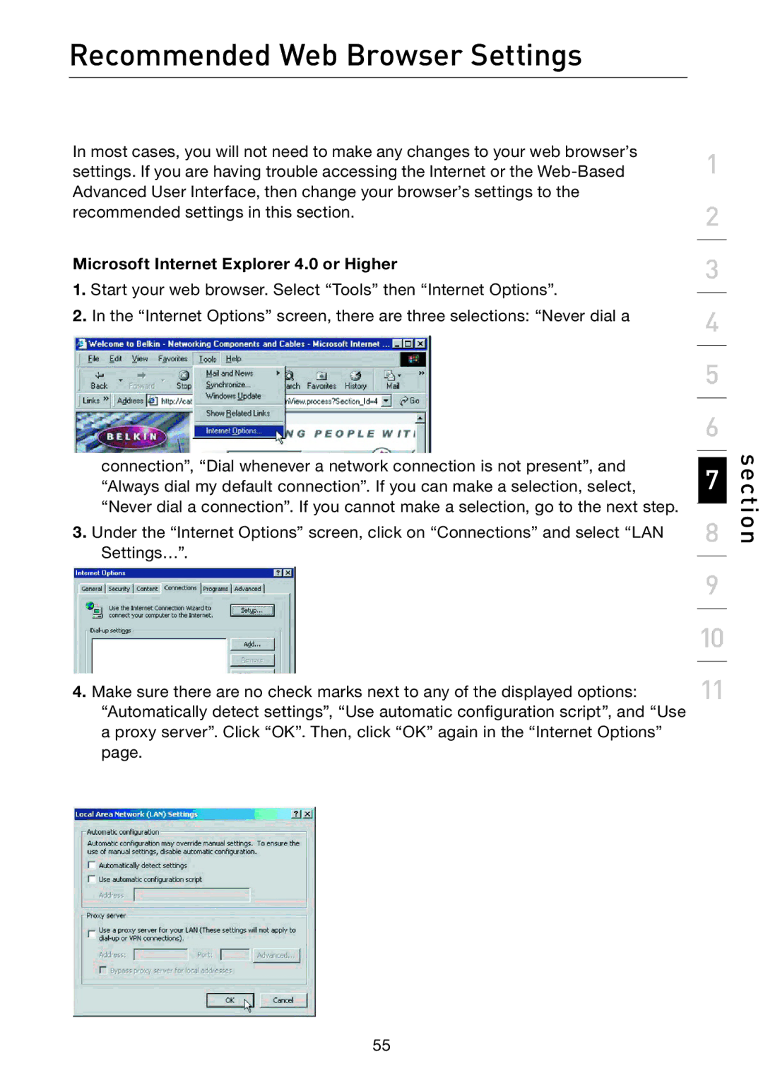 Belkin F5D7632uk4A user manual Recommended Web Browser Settings, Microsoft Internet Explorer 4.0 or Higher 