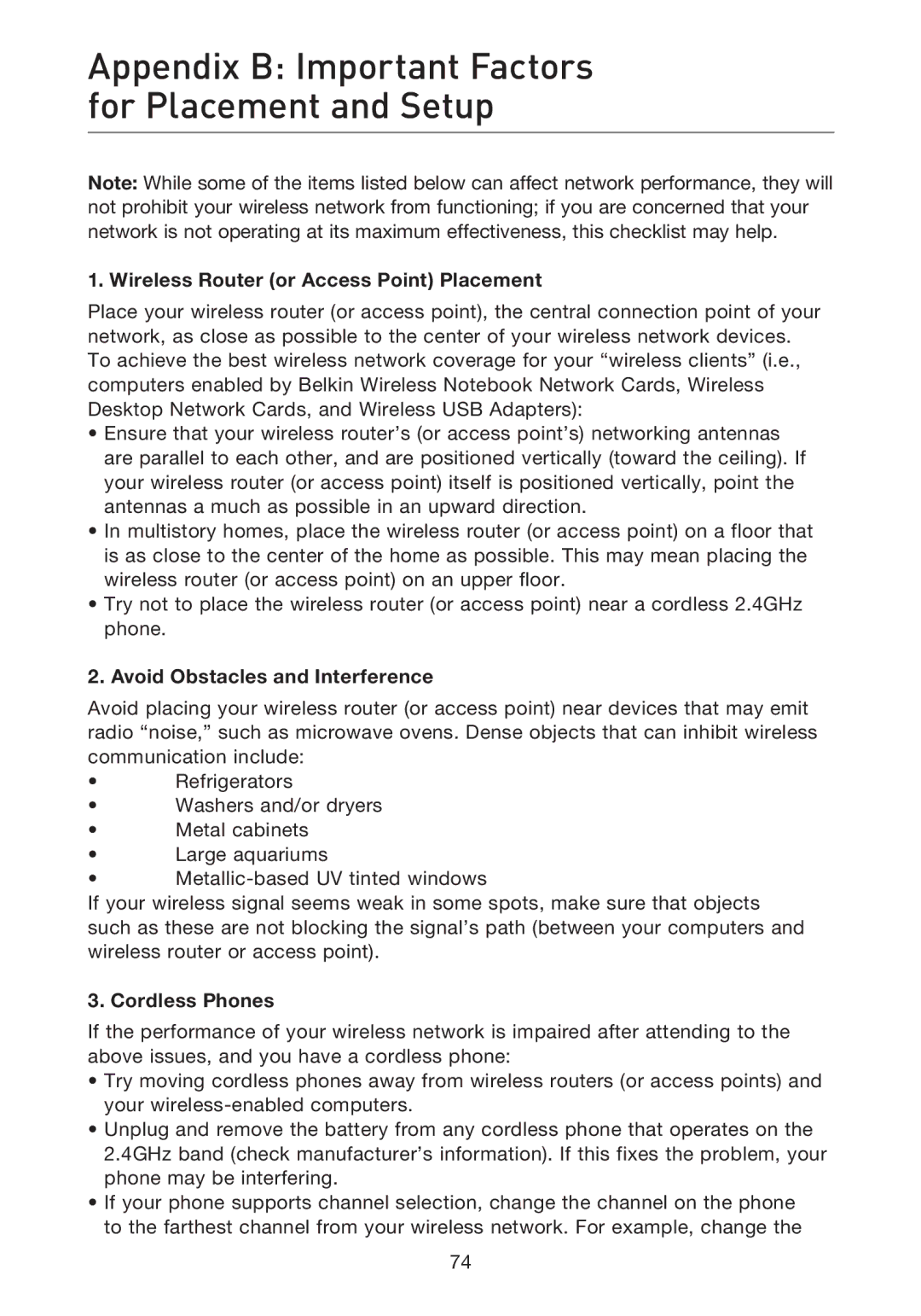 Belkin F5D7632uk4A Appendix B Important Factors for Placement and Setup, Wireless Router or Access Point Placement 