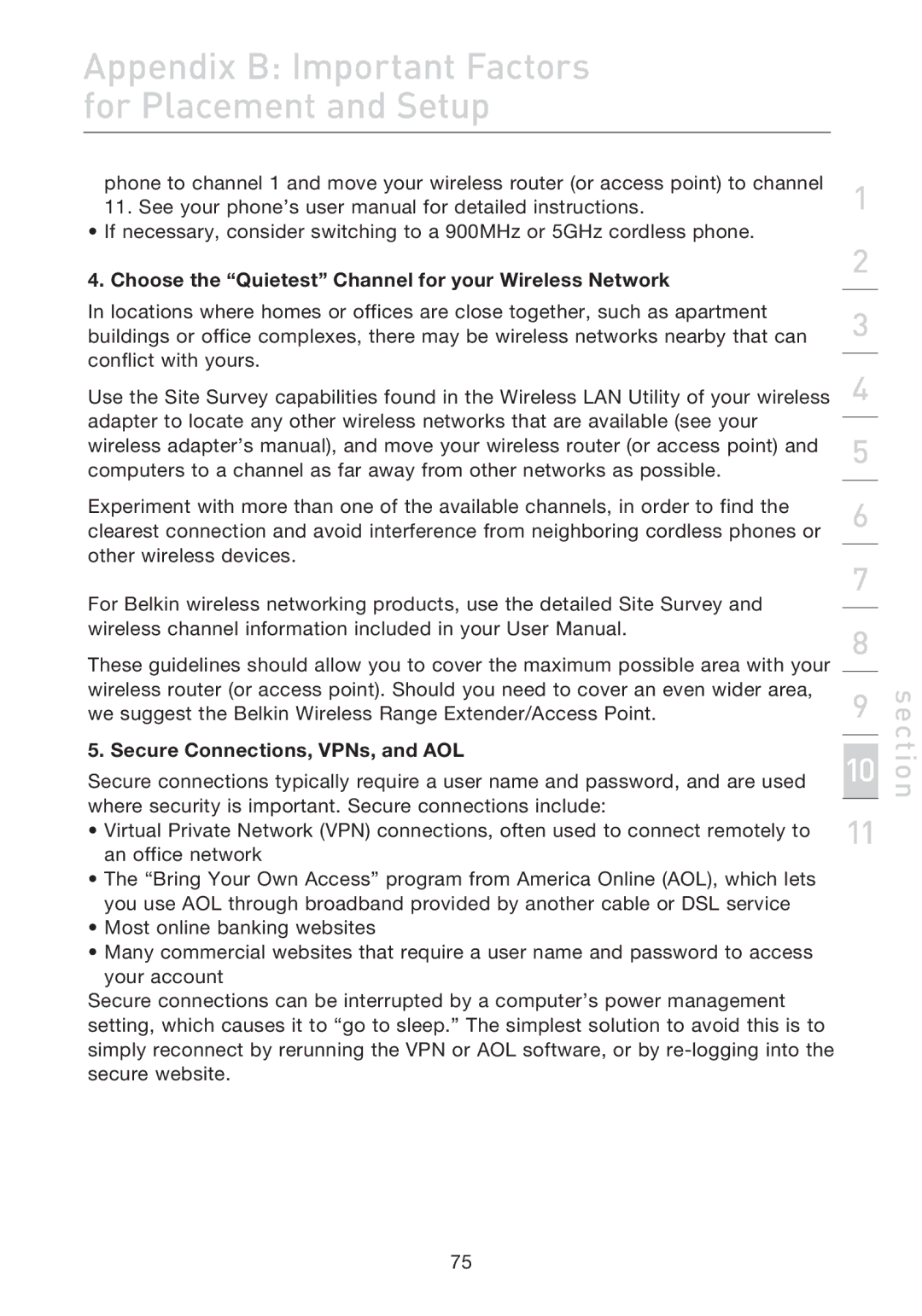 Belkin F5D7632uk4A user manual Appendix B Important Factors for Placement and Setup, Secure Connections, VPNs, and AOL 