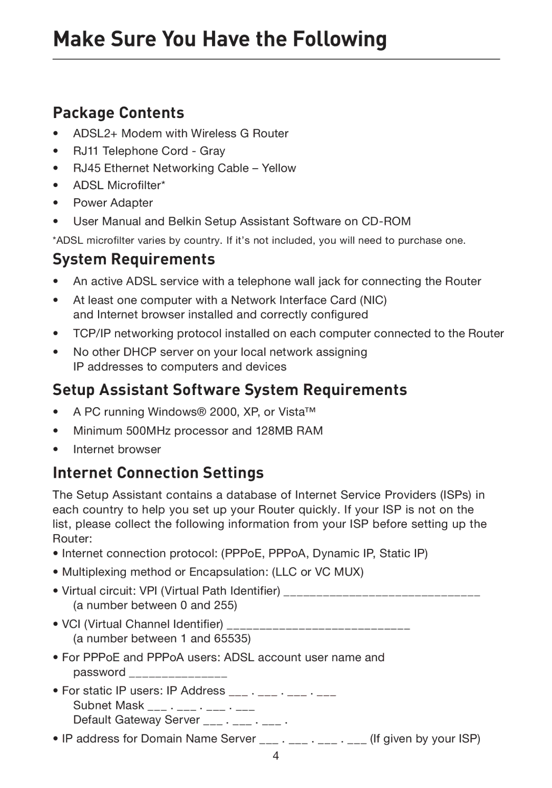 Belkin F5D7632uk4A Package Contents, Setup Assistant Software System Requirements, Internet Connection Settings 