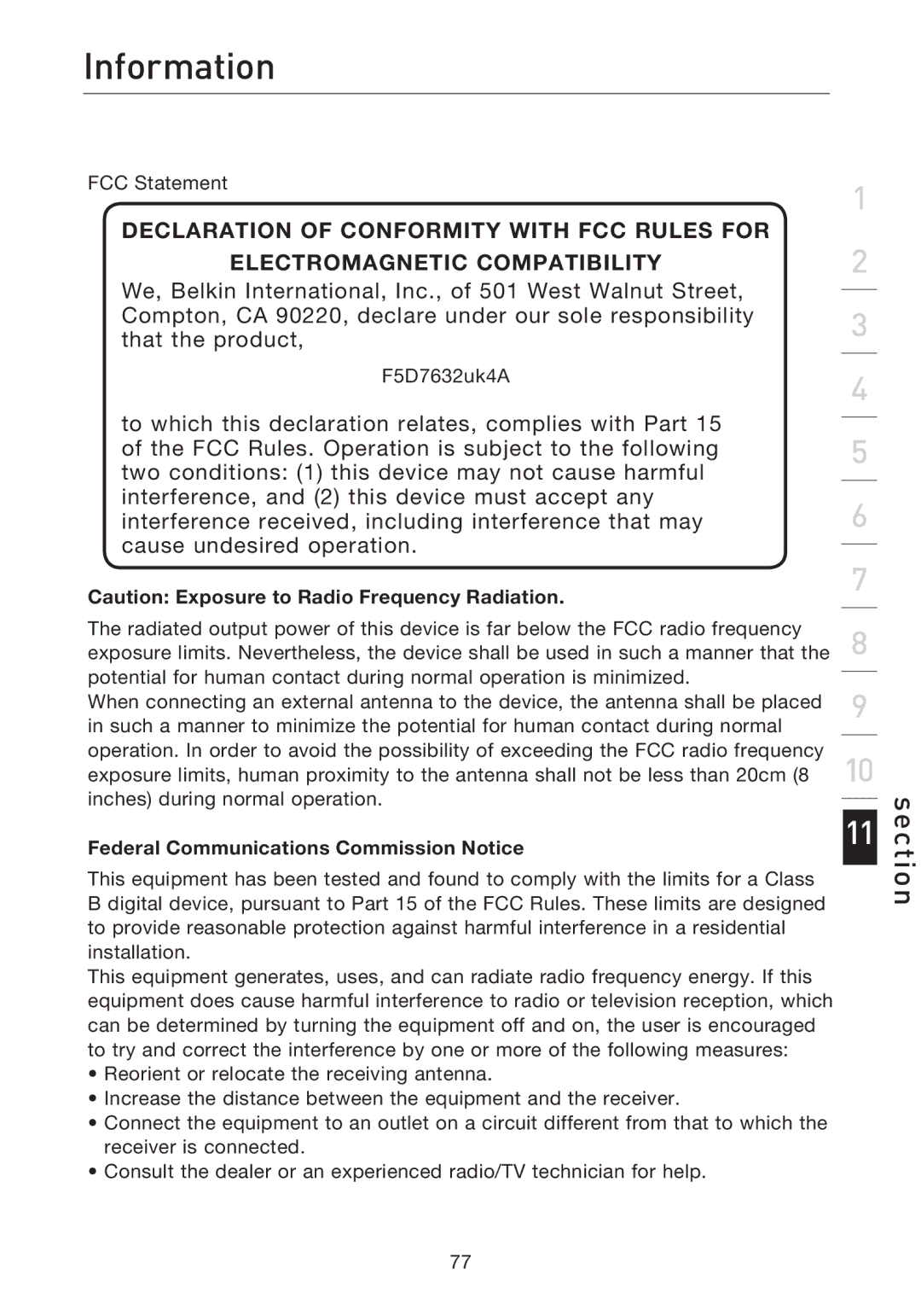 Belkin F5D7632uk4A user manual Information, FCC Statement, Federal Communications Commission Notice 