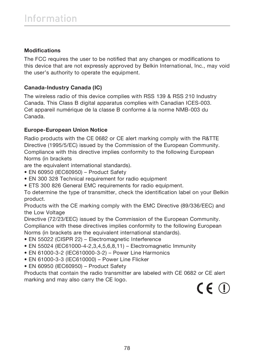 Belkin F5D7632uk4A user manual Information, Modifications, Canada-Industry Canada IC, Europe-European Union Notice 