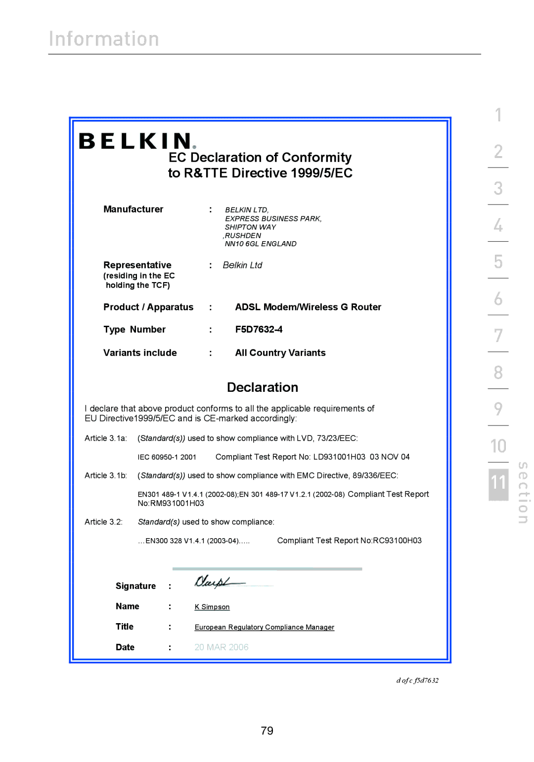 Belkin F5D7632uk4A user manual EC Declaration of Conformity to R&TTE Directive 1999/5/EC 