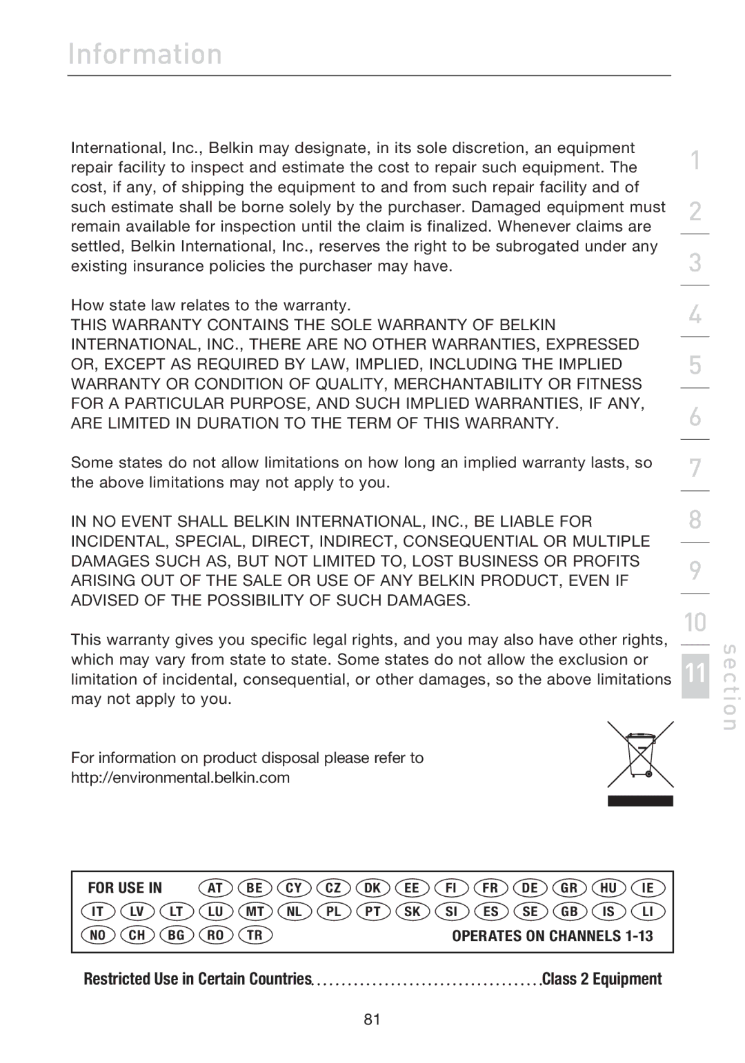 Belkin F5D7632uk4A user manual Restricted Use in Certain Countries 