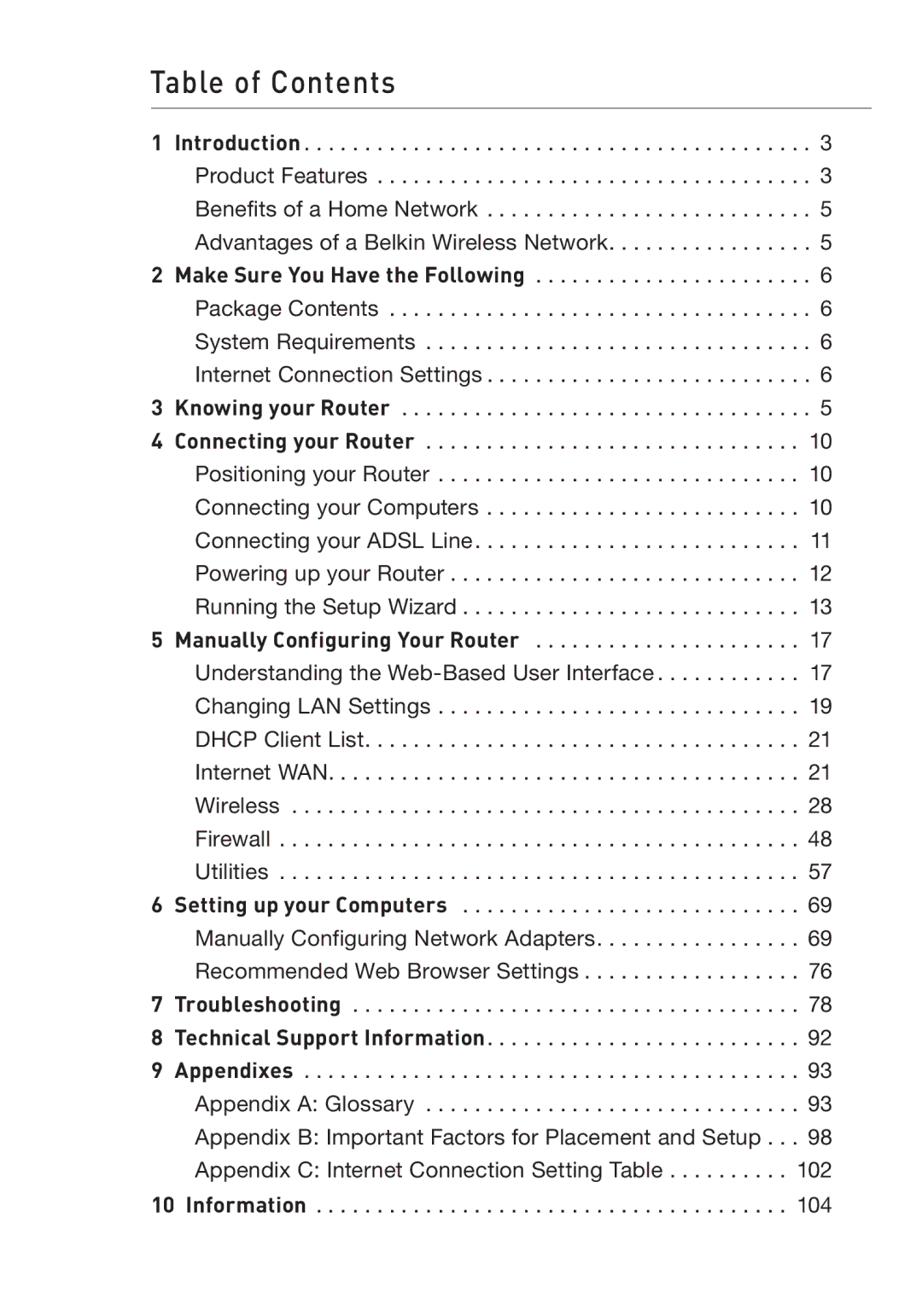 Belkin F5D7632uk4v3000 user manual Table of Contents 