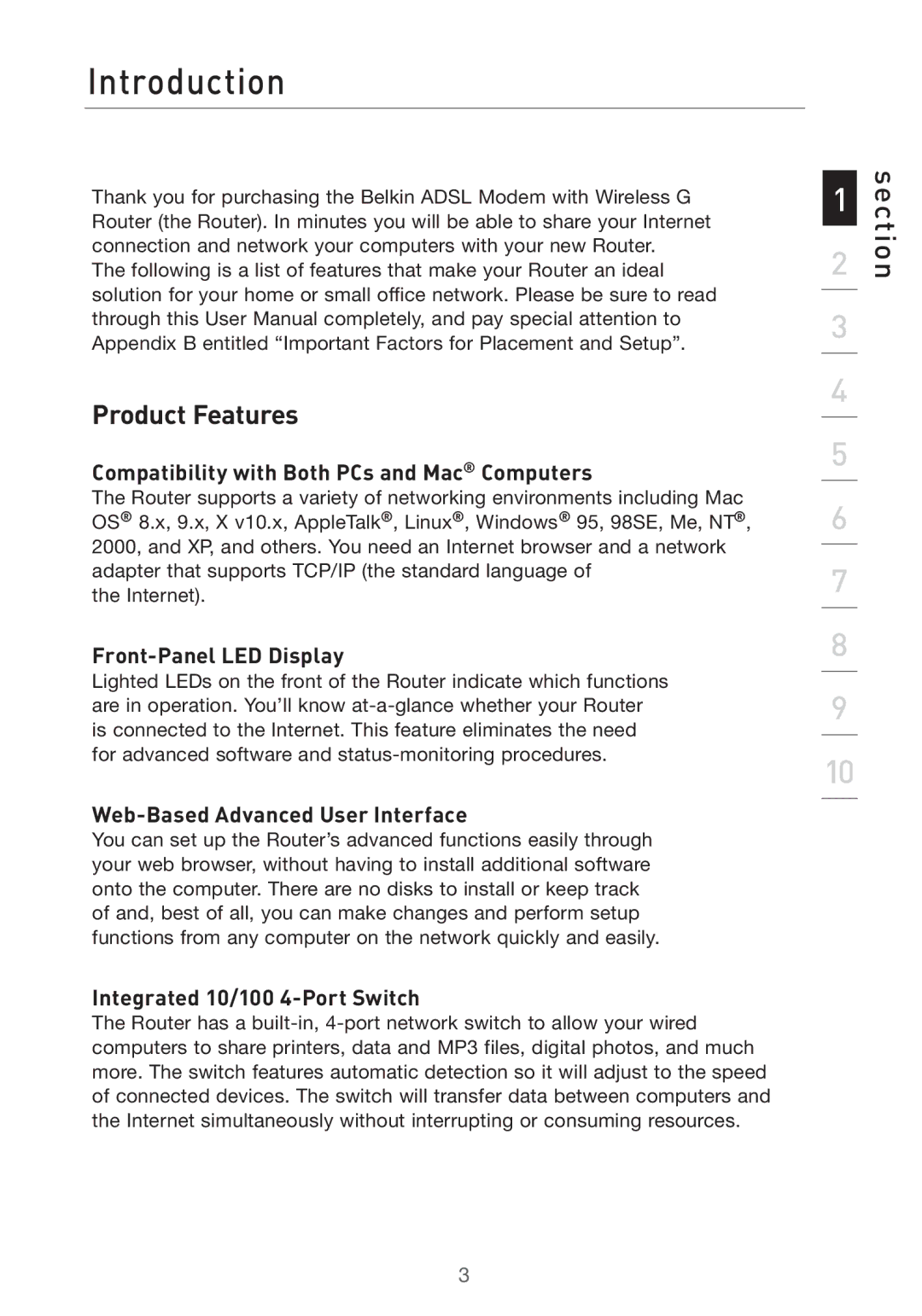 Belkin F5D7632uk4v3000 user manual Introduction, Product Features 