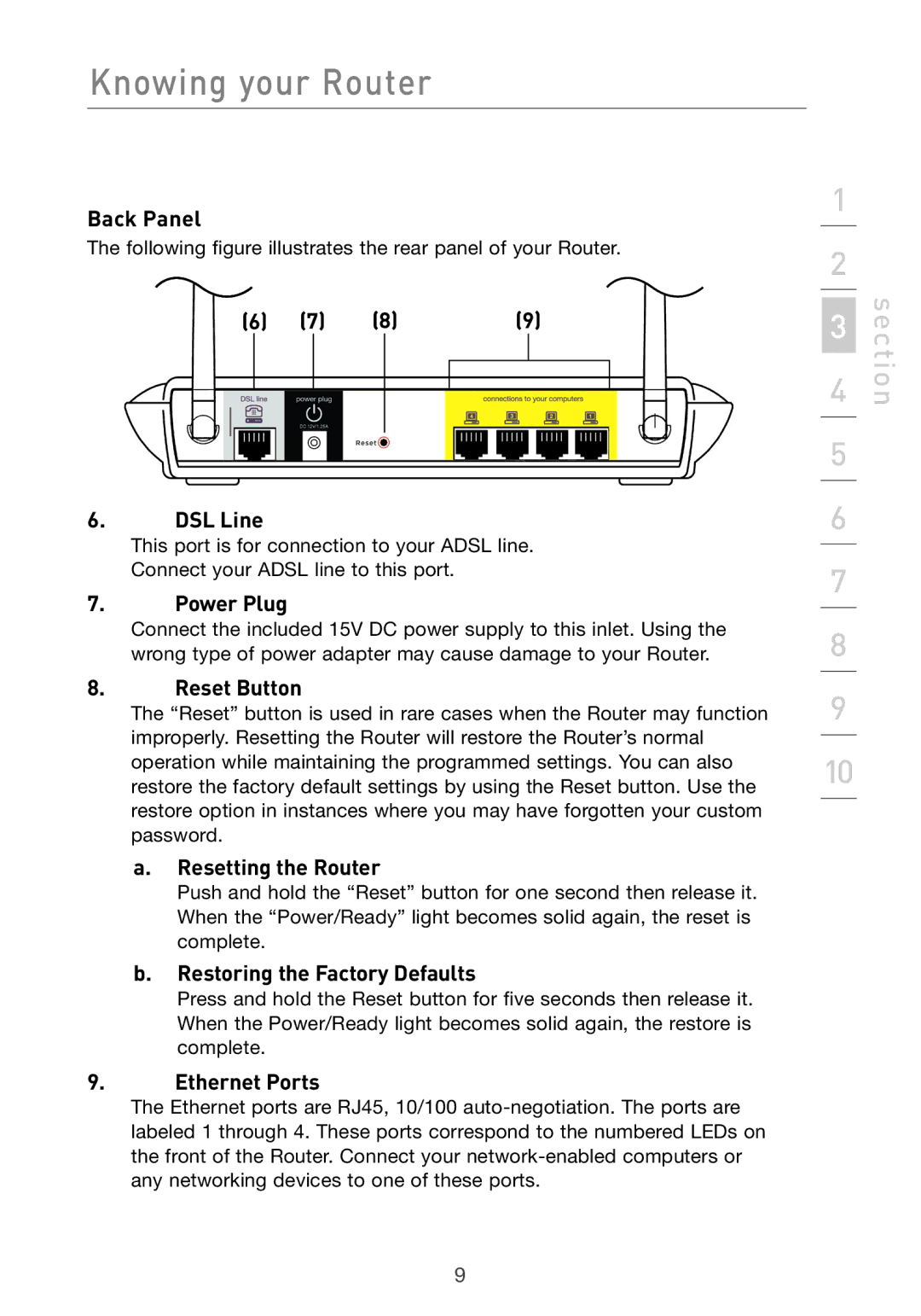 Belkin F5D7632uk4v3000 user manual Back Panel, DSL Line, Power Plug, Reset Button, Resetting the Router, Ethernet Ports 