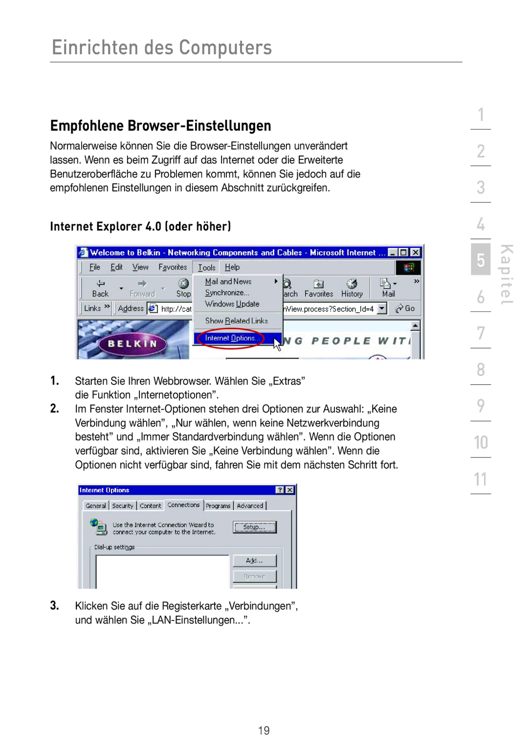 Belkin F5D7633UK4 manual Empfohlene Browser-Einstellungen, Internet Explorer 4.0 oder höher 