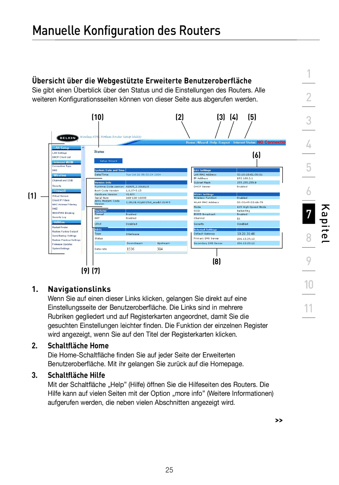 Belkin F5D7633UK4 manual Manuelle Konfiguration des Routers, Navigationslinks, Schaltfläche Home, Schaltfläche Hilfe 