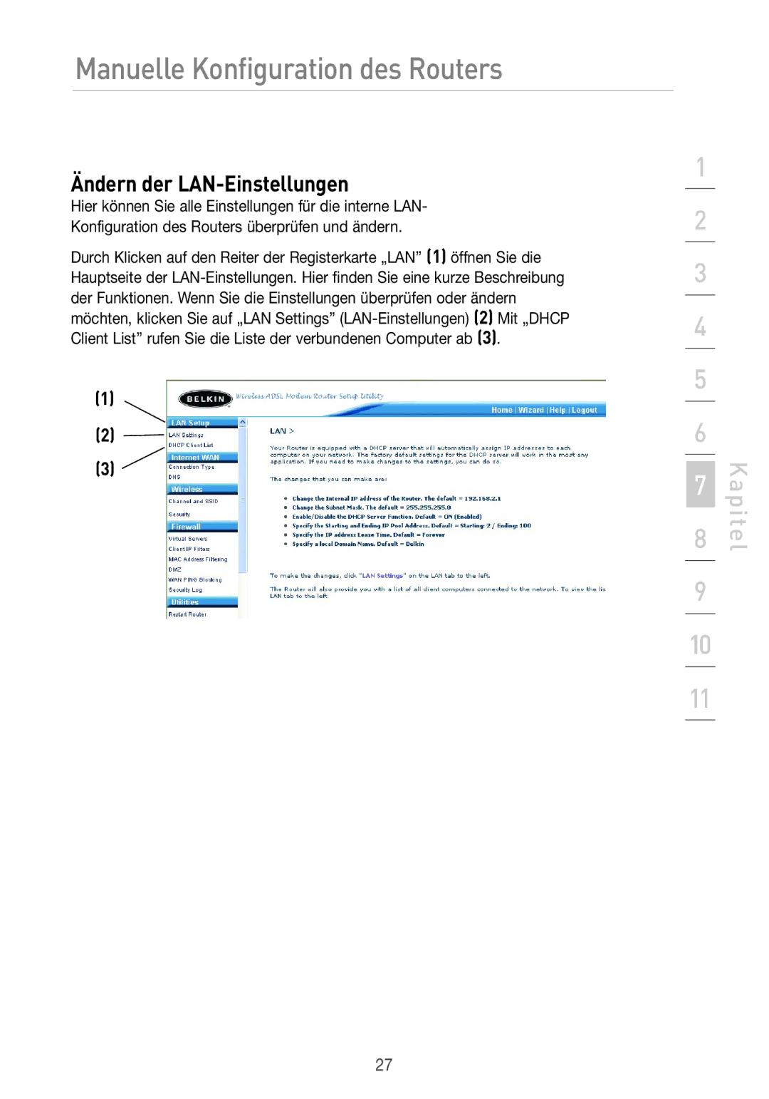 Belkin F5D7633UK4 manual Ändern der LAN-Einstellungen 