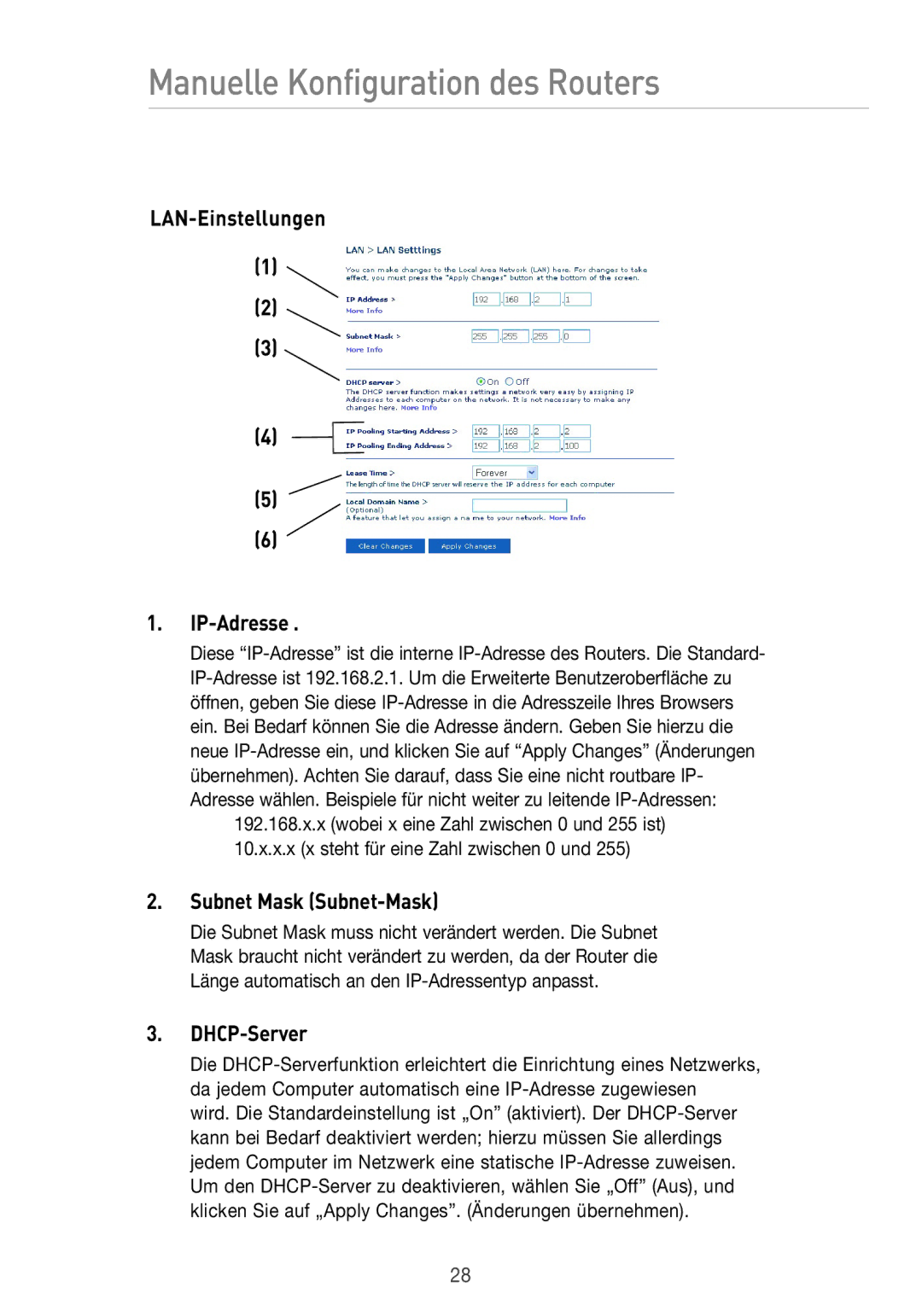 Belkin F5D7633UK4 manual LAN-Einstellungen IP-Adresse, Subnet Mask Subnet-Mask, DHCP-Server 