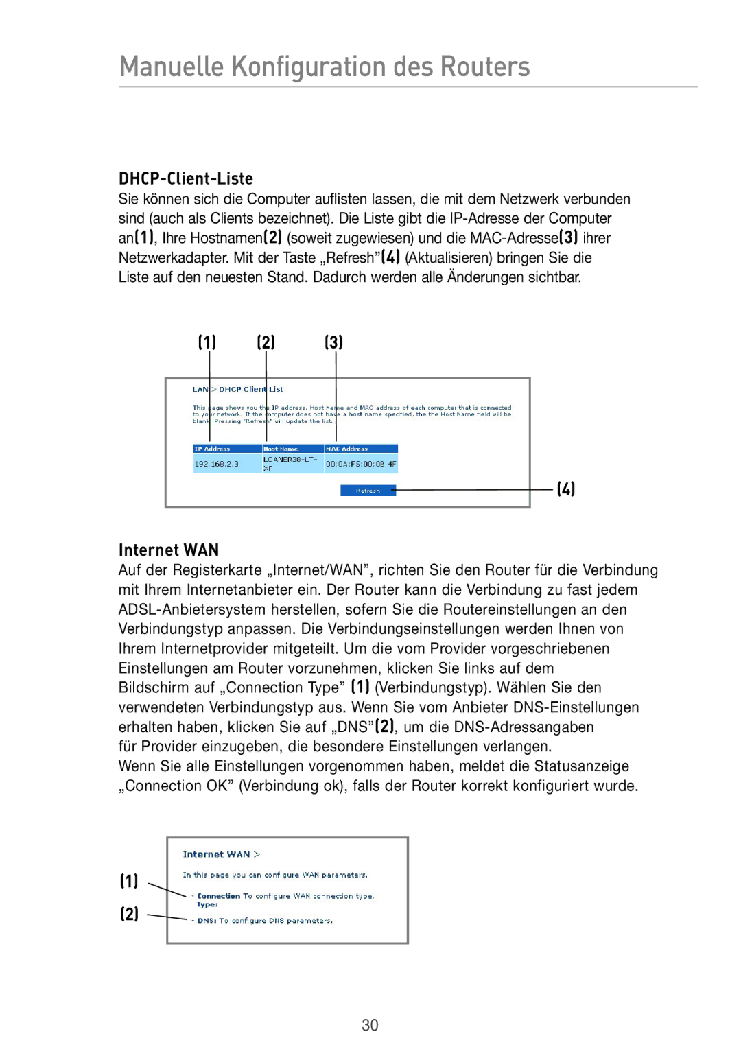 Belkin F5D7633UK4 manual DHCP-Client-Liste, Internet WAN 