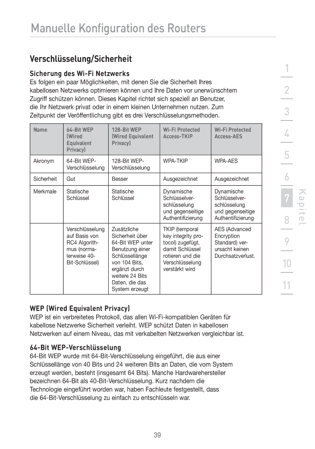 Belkin F5D7633UK4 manual Verschlüsselung/Sicherheit, Sicherung des Wi-Fi Netzwerks, WEP Wired Equivalent Privacy 
