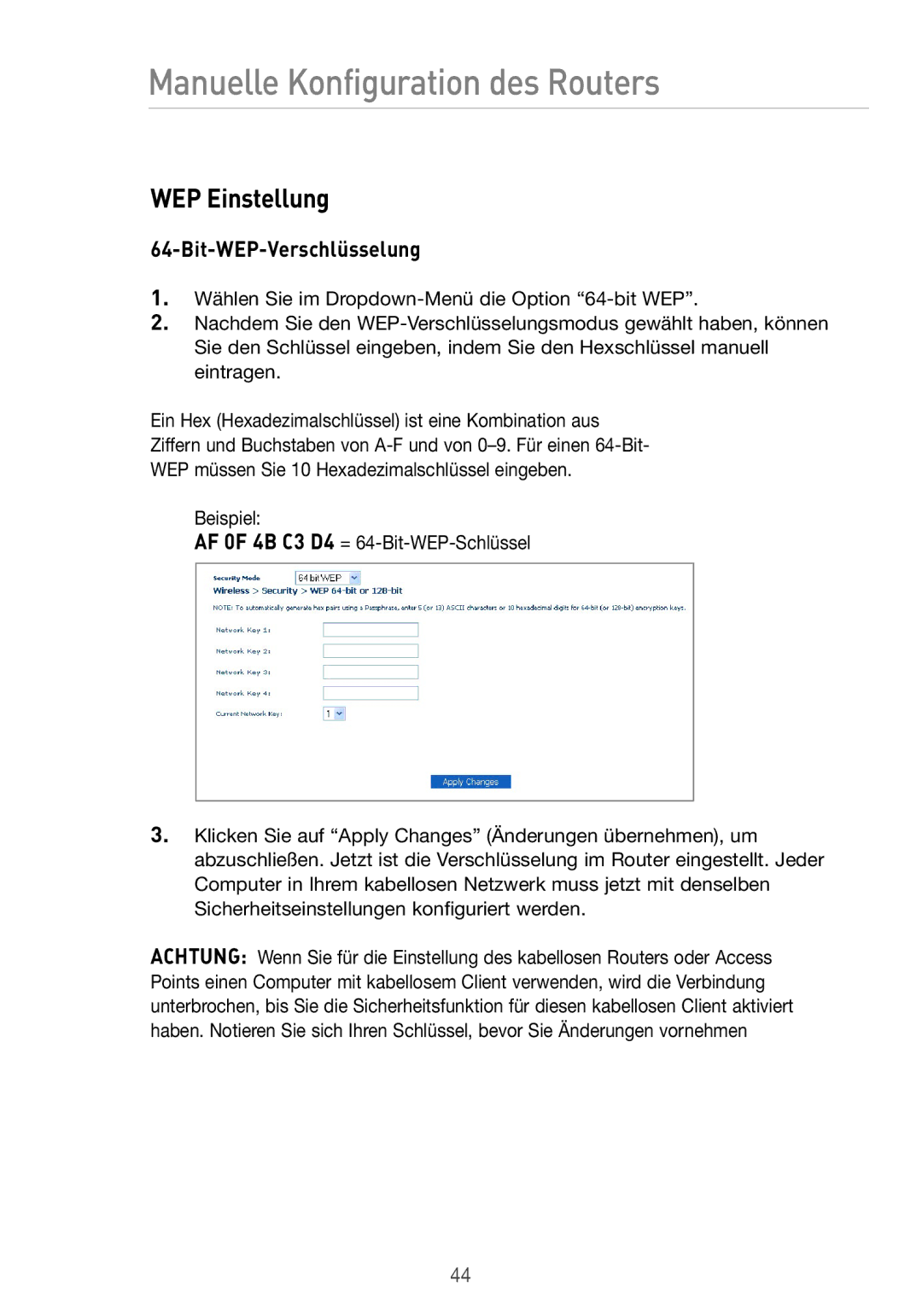 Belkin F5D7633UK4 manual WEP Einstellung, Bit-WEP-Verschlüsselung 