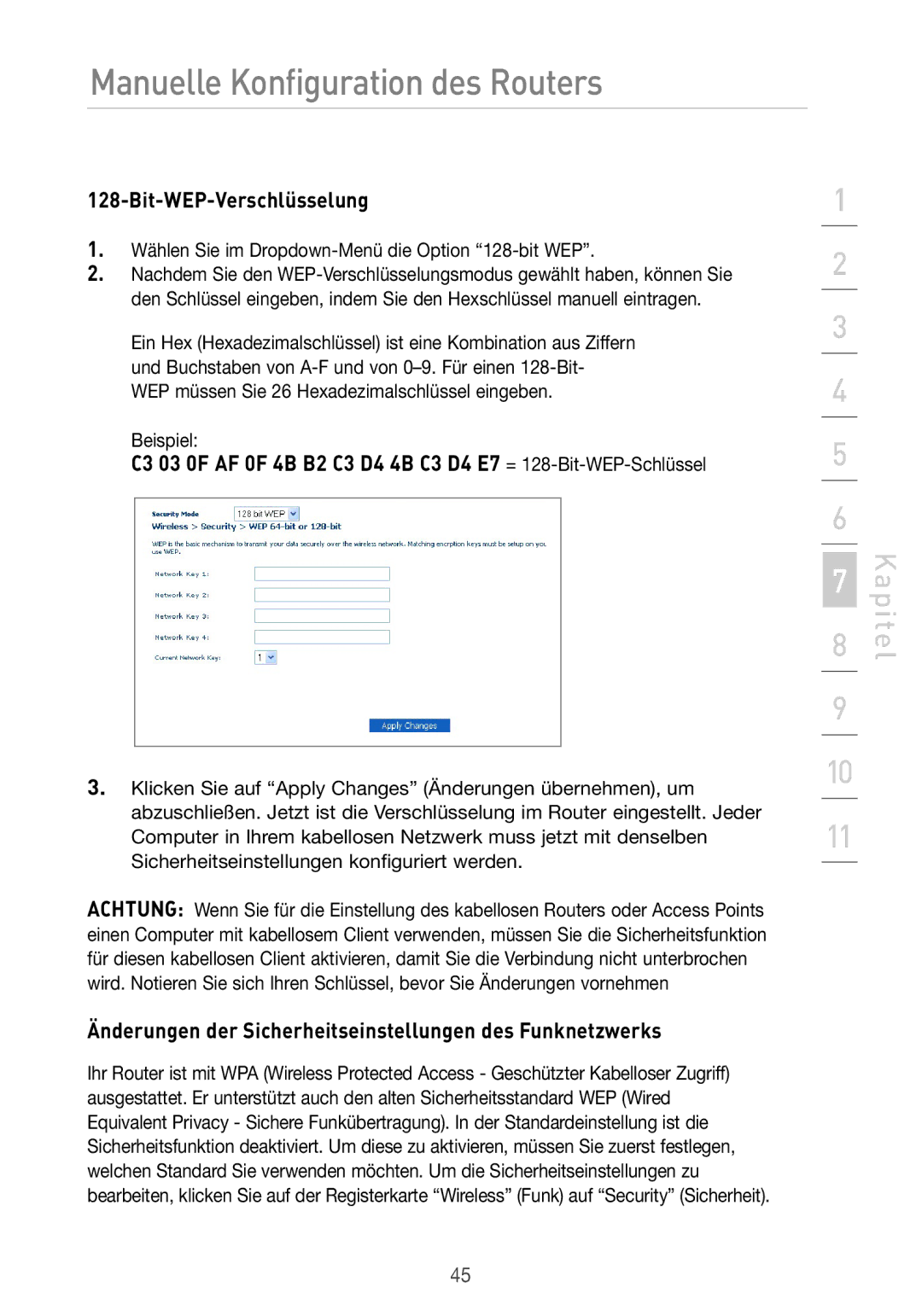 Belkin F5D7633UK4 manual Änderungen der Sicherheitseinstellungen des Funknetzwerks 