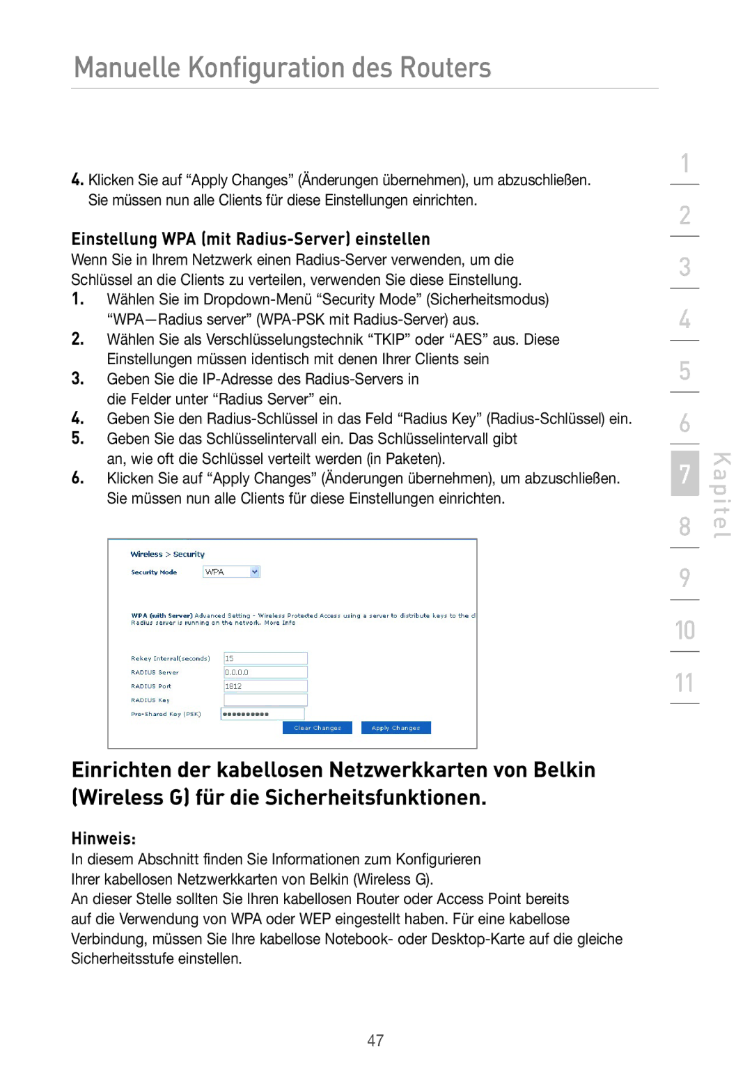 Belkin F5D7633UK4 manual Einstellung WPA mit Radius-Server einstellen, Hinweis 