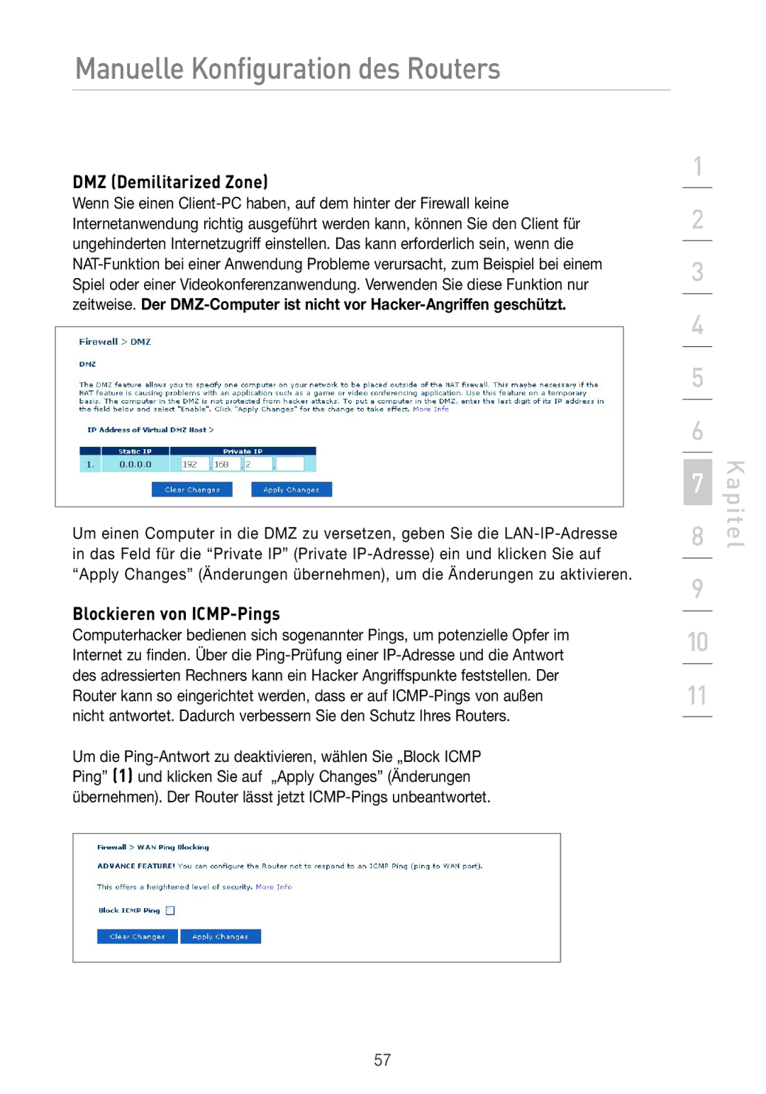 Belkin F5D7633UK4 manual DMZ Demilitarized Zone, Blockieren von ICMP-Pings 