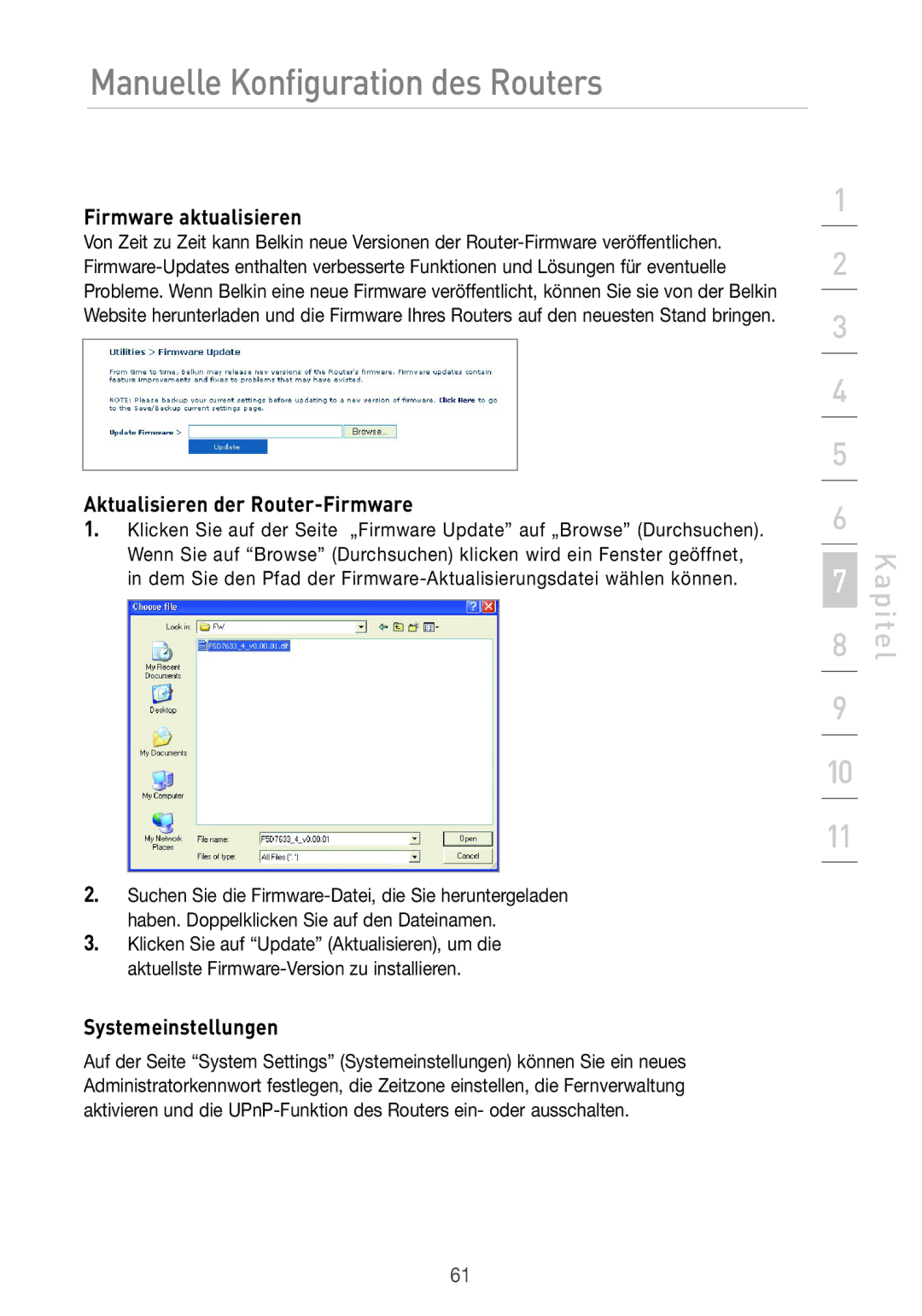 Belkin F5D7633UK4 manual Firmware aktualisieren, Aktualisieren der Router-Firmware, Systemeinstellungen 